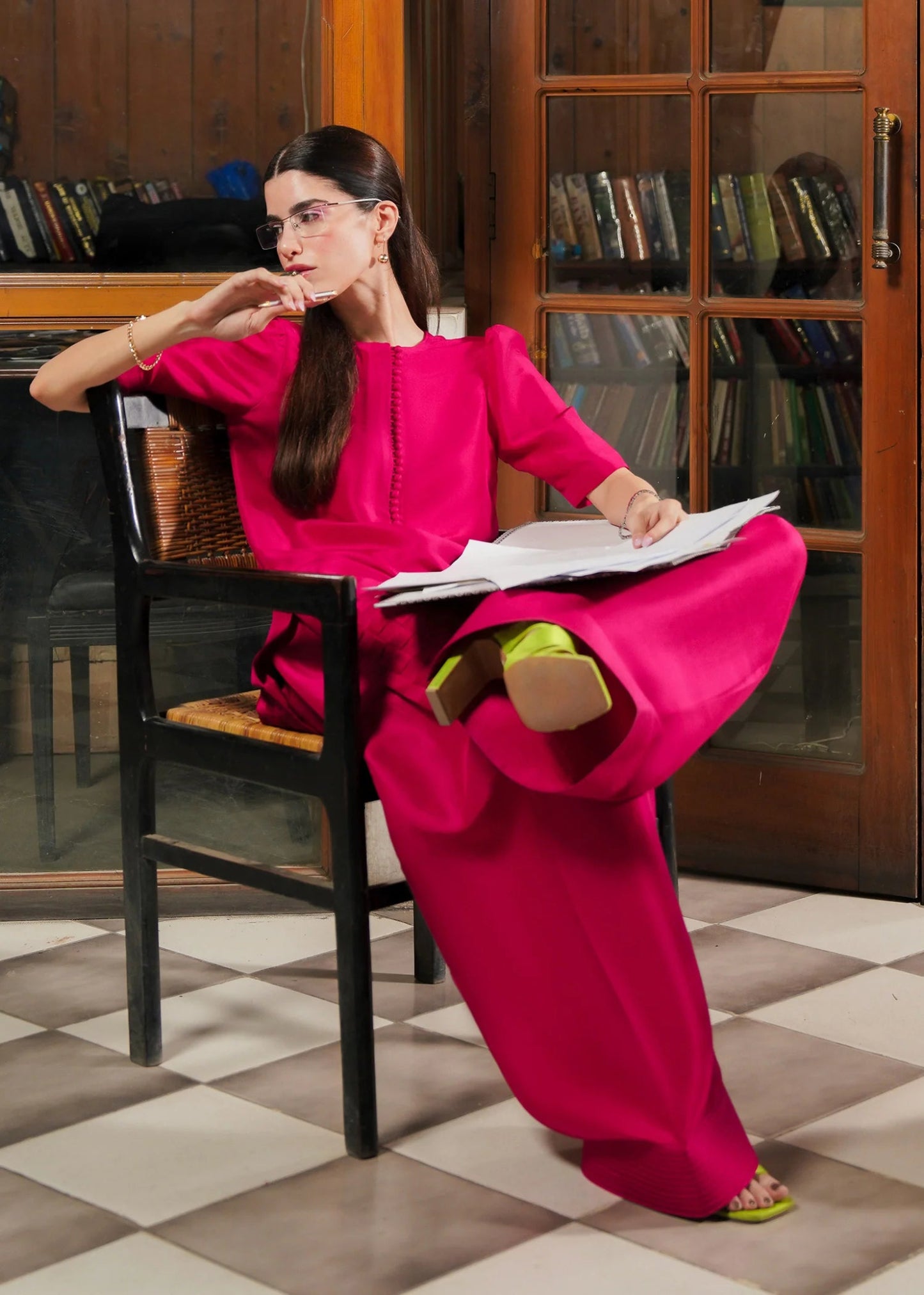 Model wearing Celestia dress from Hussain Rehar's Pay Day Vol. IV collection. Explore Hussain Rehar and Pakistani clothes online in UK at Signature Labels.