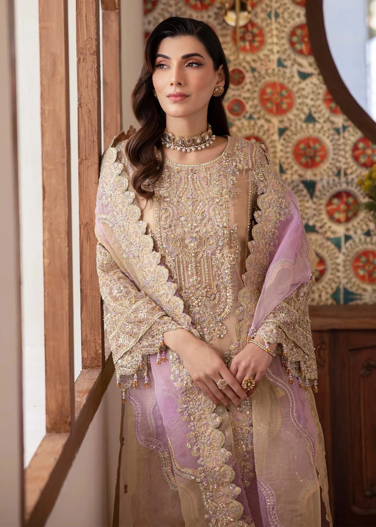 Model wearing beige and lilac Mahin outfit from Kanwal Malik—Pakistani luxury pret perfect for festive wear, shop online in UK now.