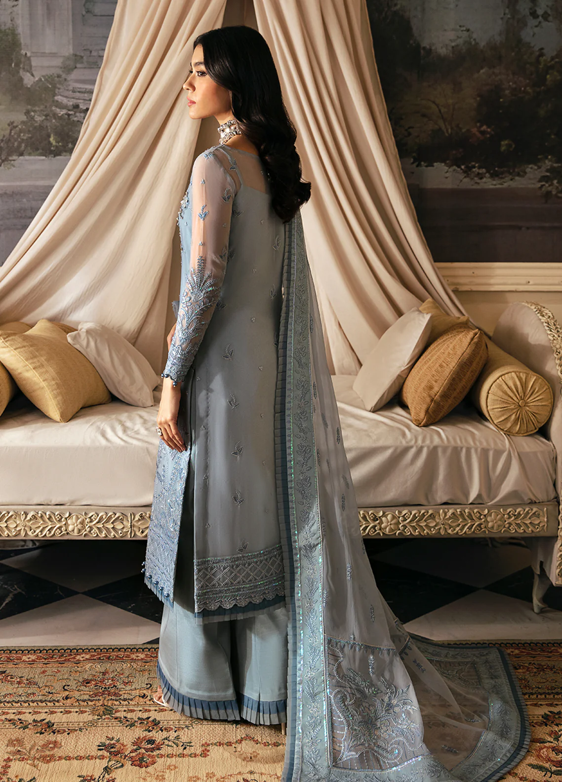Model in Gulaal UK ZURIA, icy blue embroidered chiffon, '23 V2 Pakistani clothes UK elegance.