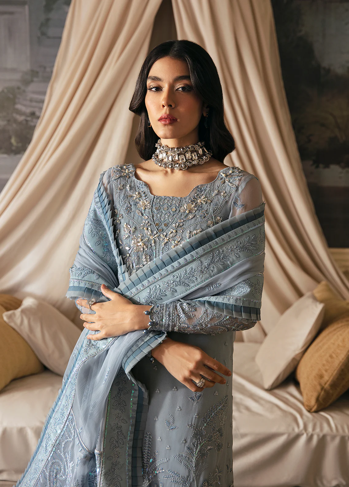 Model in Gulaal UK ZURIA, icy blue embroidered chiffon, '23 V2 Pakistani clothes UK elegance.