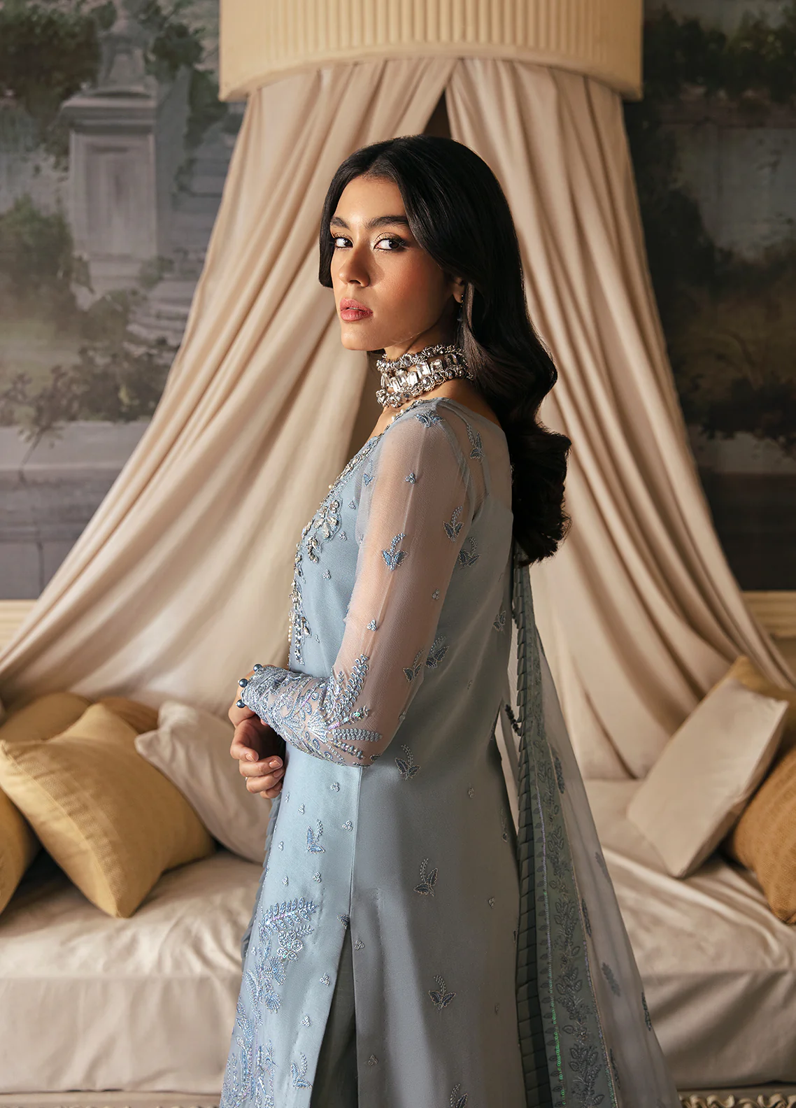 Model in Gulaal UK ZURIA, icy blue embroidered chiffon, '23 V2 Pakistani clothes UK elegance.