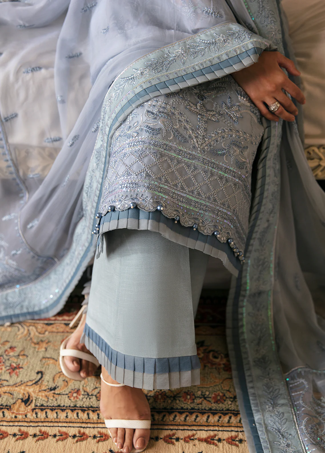 Model in Gulaal UK ZURIA, icy blue embroidered chiffon, '23 V2 Pakistani clothes UK elegance.
