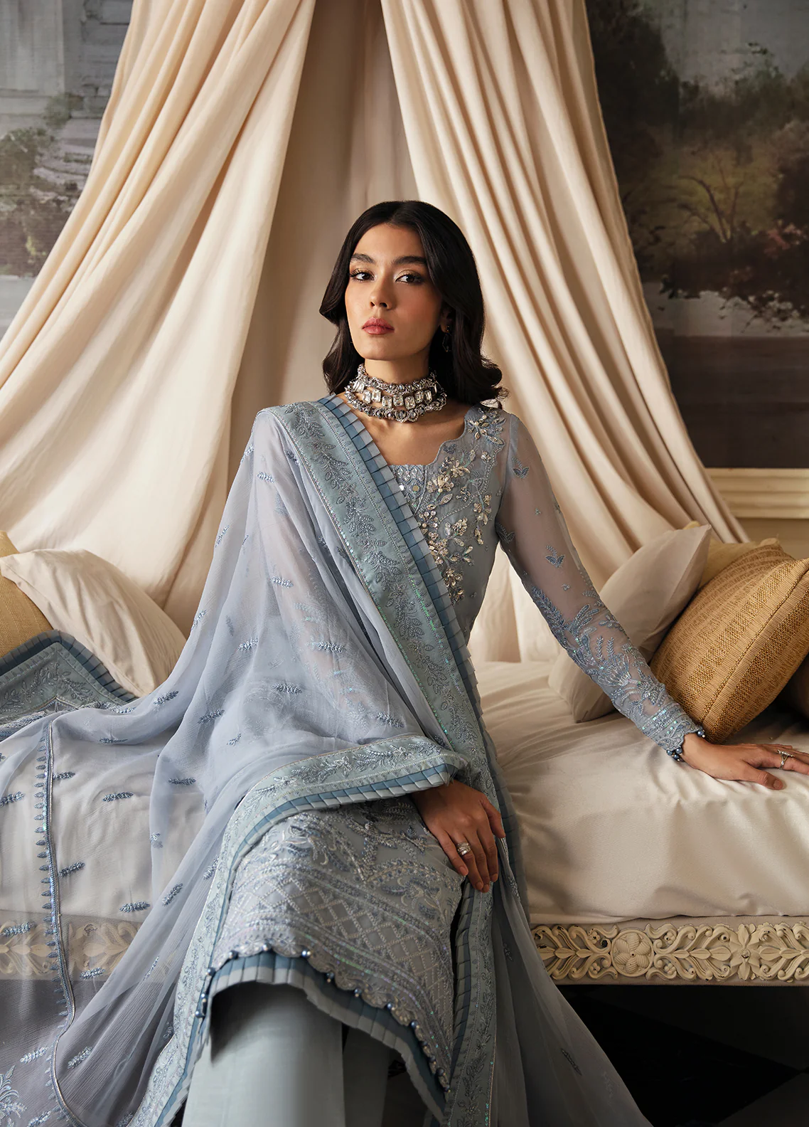 Model in Gulaal UK ZURIA, icy blue embroidered chiffon, '23 V2 Pakistani clothes UK elegance.