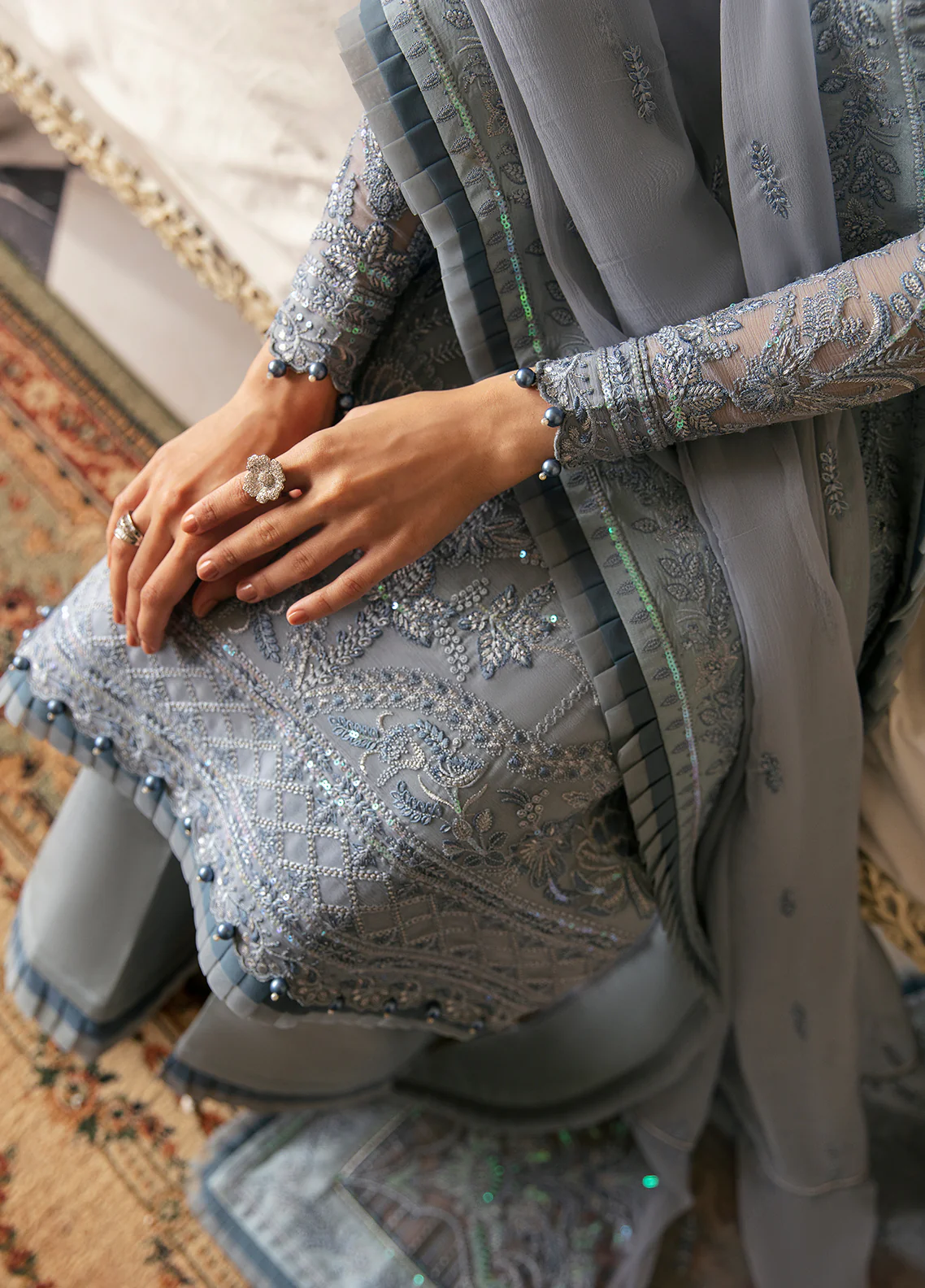 Model in Gulaal UK ZURIA, icy blue embroidered chiffon, '23 V2 Pakistani clothes UK elegance.