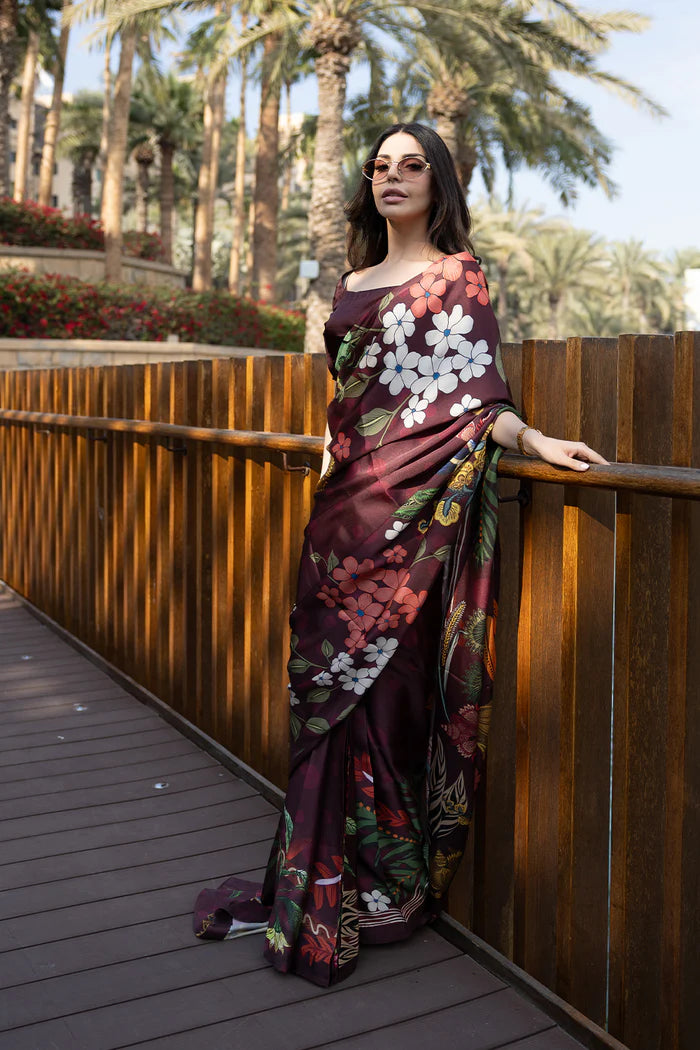 Model wearing maroon saree with multicolour floral print from Saira Rizwan, Pakistani Luxury pret, Pakistani clothes online in UK.