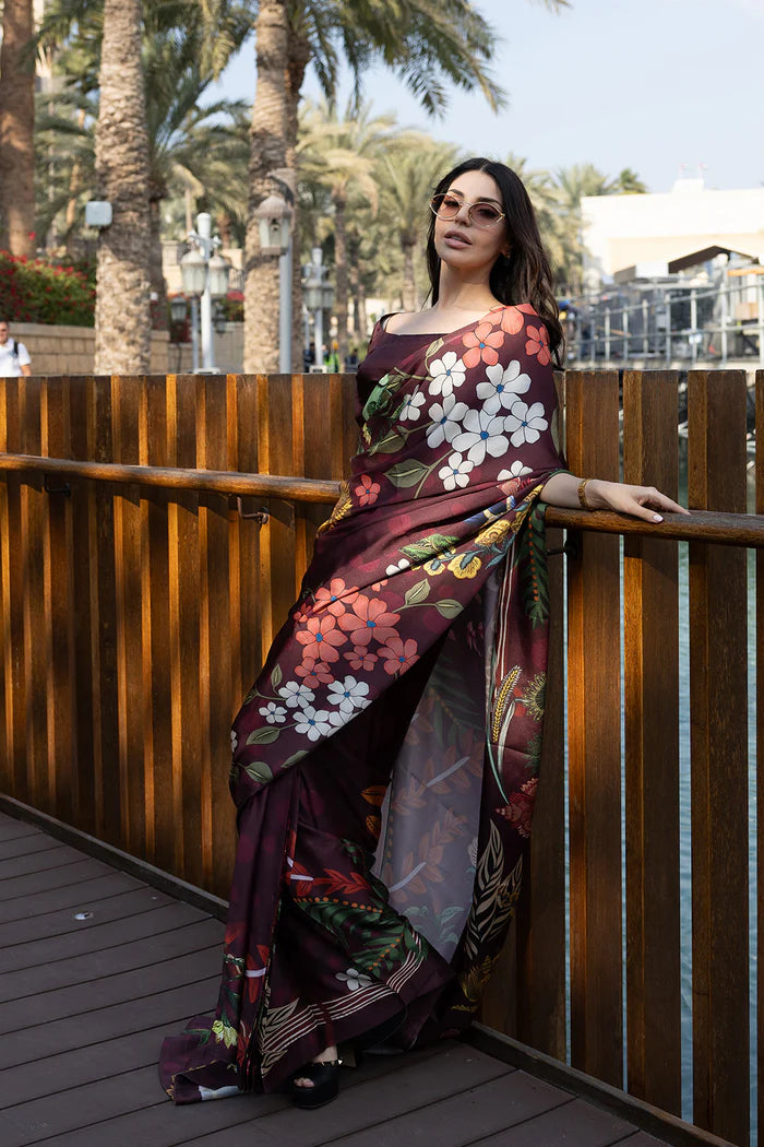 Model wearing maroon saree with multicolour floral print from Saira Rizwan, Pakistani Luxury pret, Pakistani clothes online in UK.