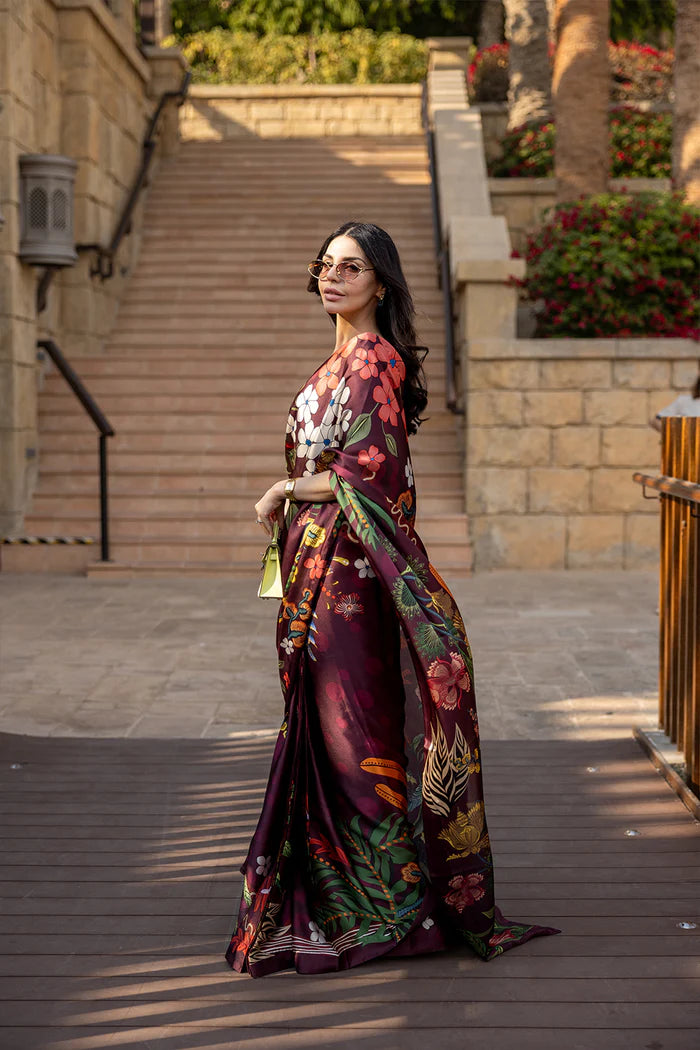 Model wearing maroon saree with multicolour floral print from Saira Rizwan, Pakistani Luxury pret, Pakistani clothes online in UK.