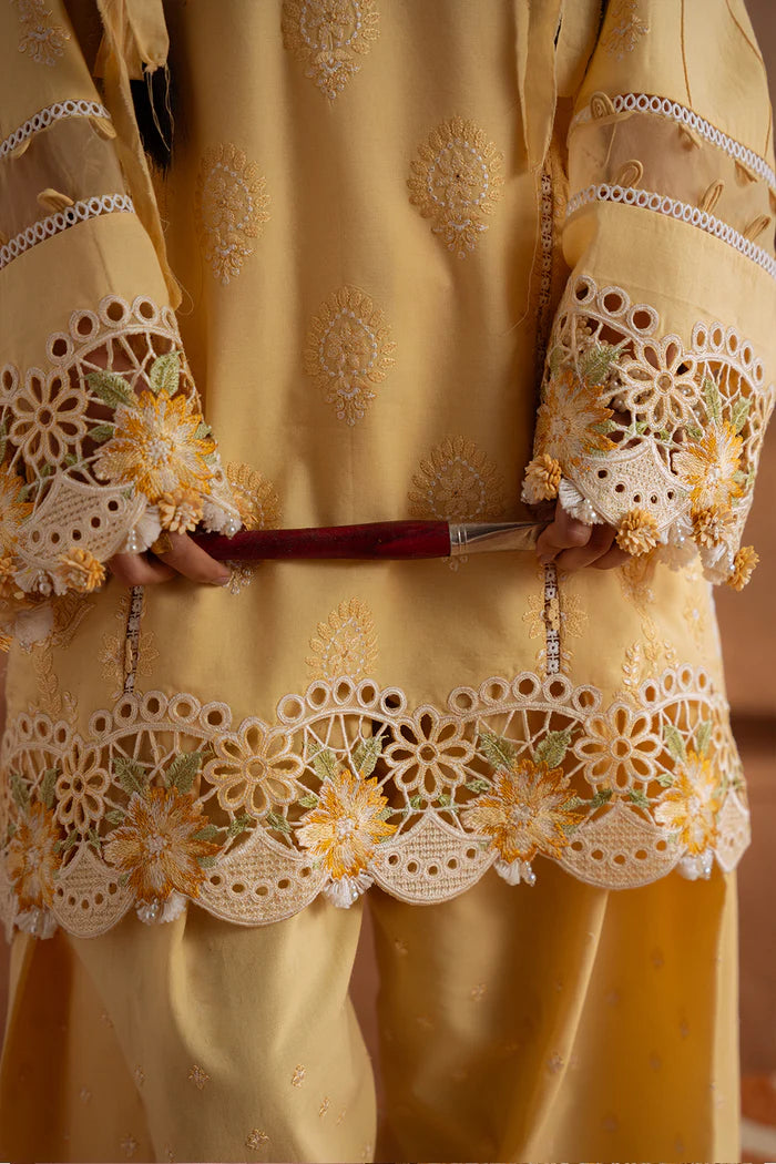 Model wearing yellow LEYLA-A-SRL25-04 from Saira Rizwan Laneem SS/25, ideal for Pakistani luxury pret and Pakistani clothes online in UK.