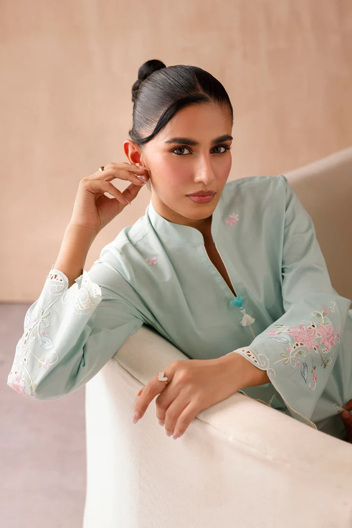 Model wearing mint green embroidered coords EP-06 Juni from Qalamkar, Pakistani luxury pret online in UK.