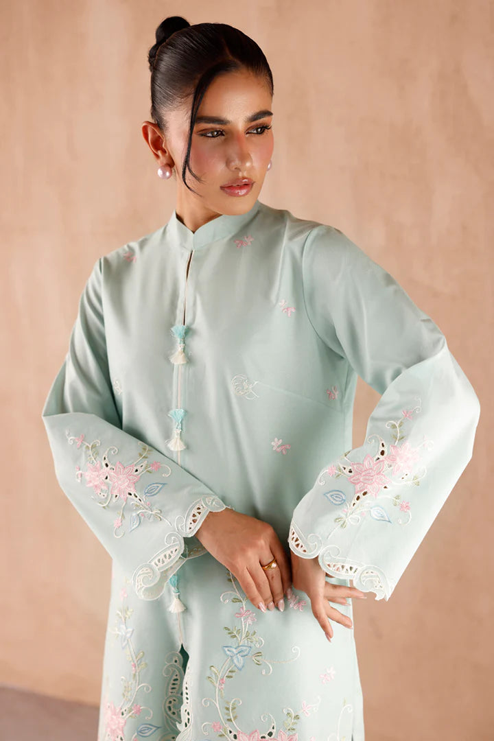 Model wearing mint green embroidered coords EP-06 Juni from Qalamkar, Pakistani luxury pret online in UK.