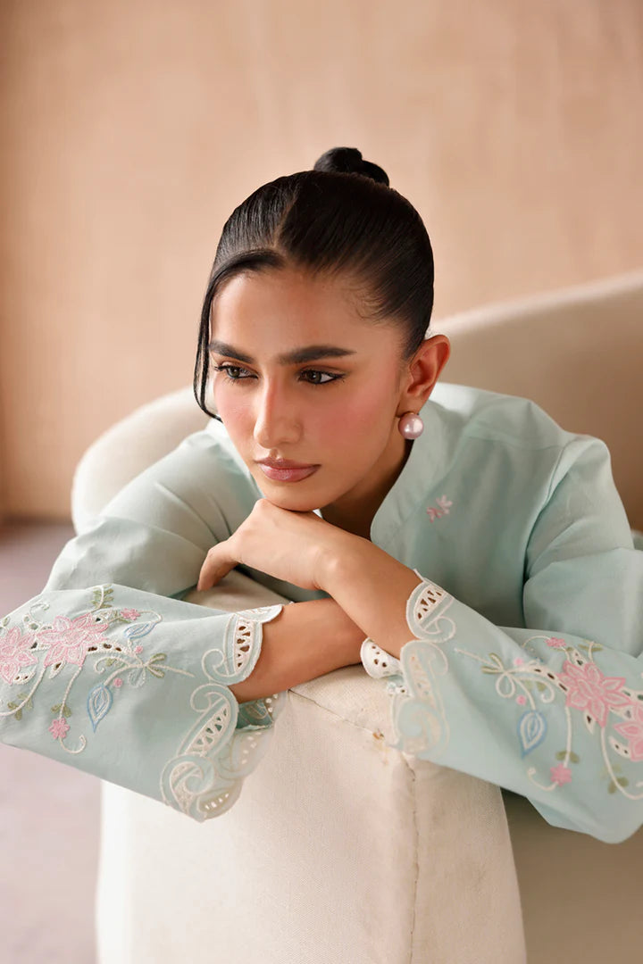 Model wearing mint green embroidered coords EP-06 Juni from Qalamkar, Pakistani luxury pret online in UK.
