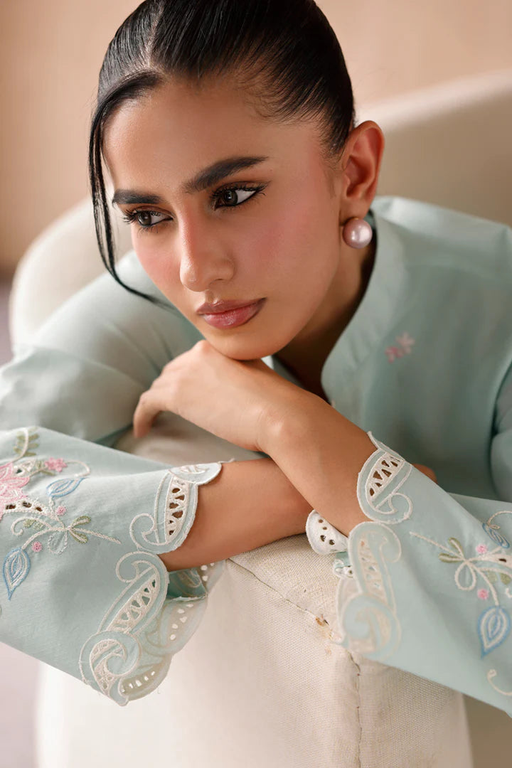 Model wearing mint green embroidered coords EP-06 Juni from Qalamkar, Pakistani luxury pret online in UK.