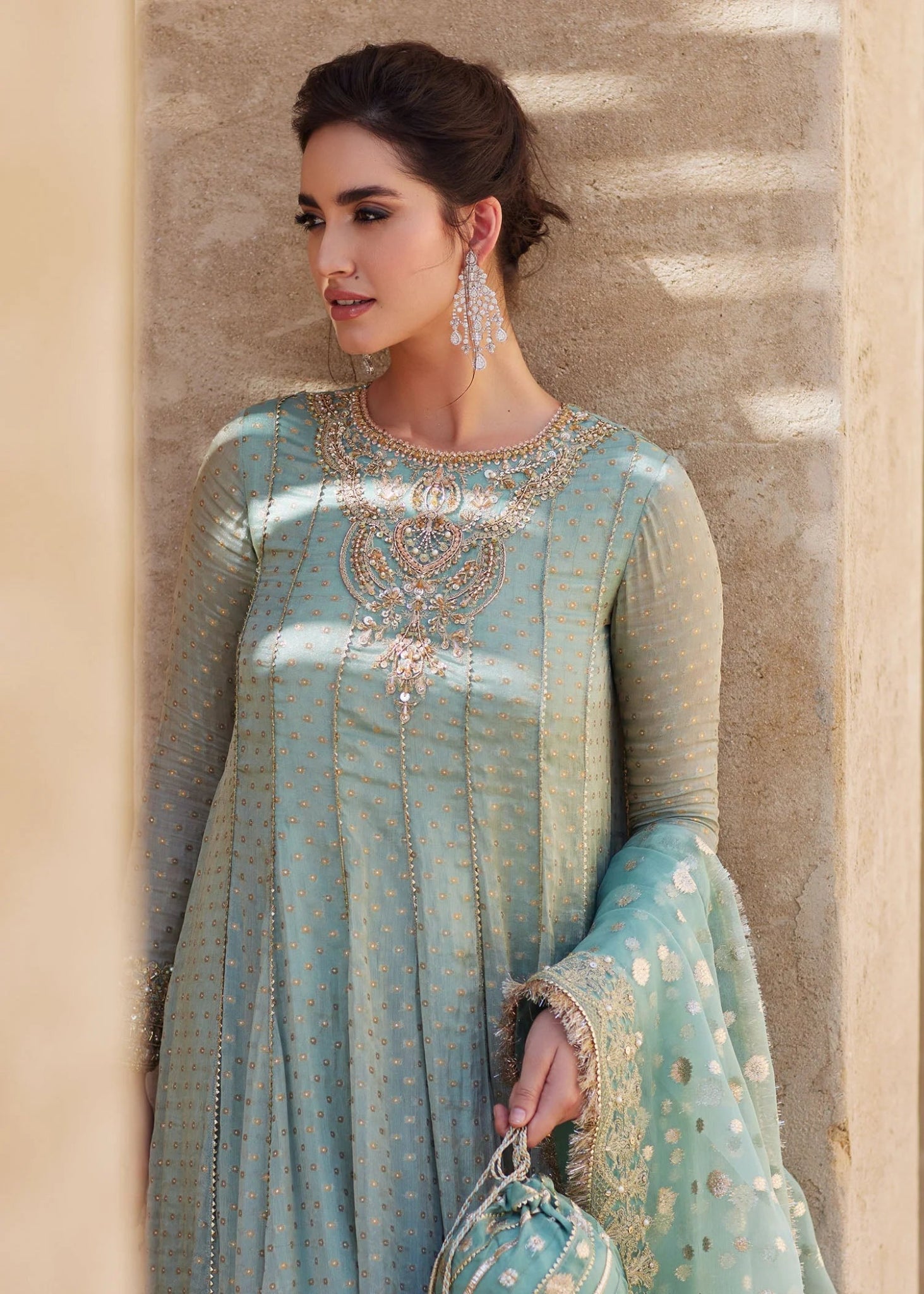Model wearing Mist from Kanwal Malik's Laira '24 collection, a luxurious and elegant design. Pakistani clothes online in UK.