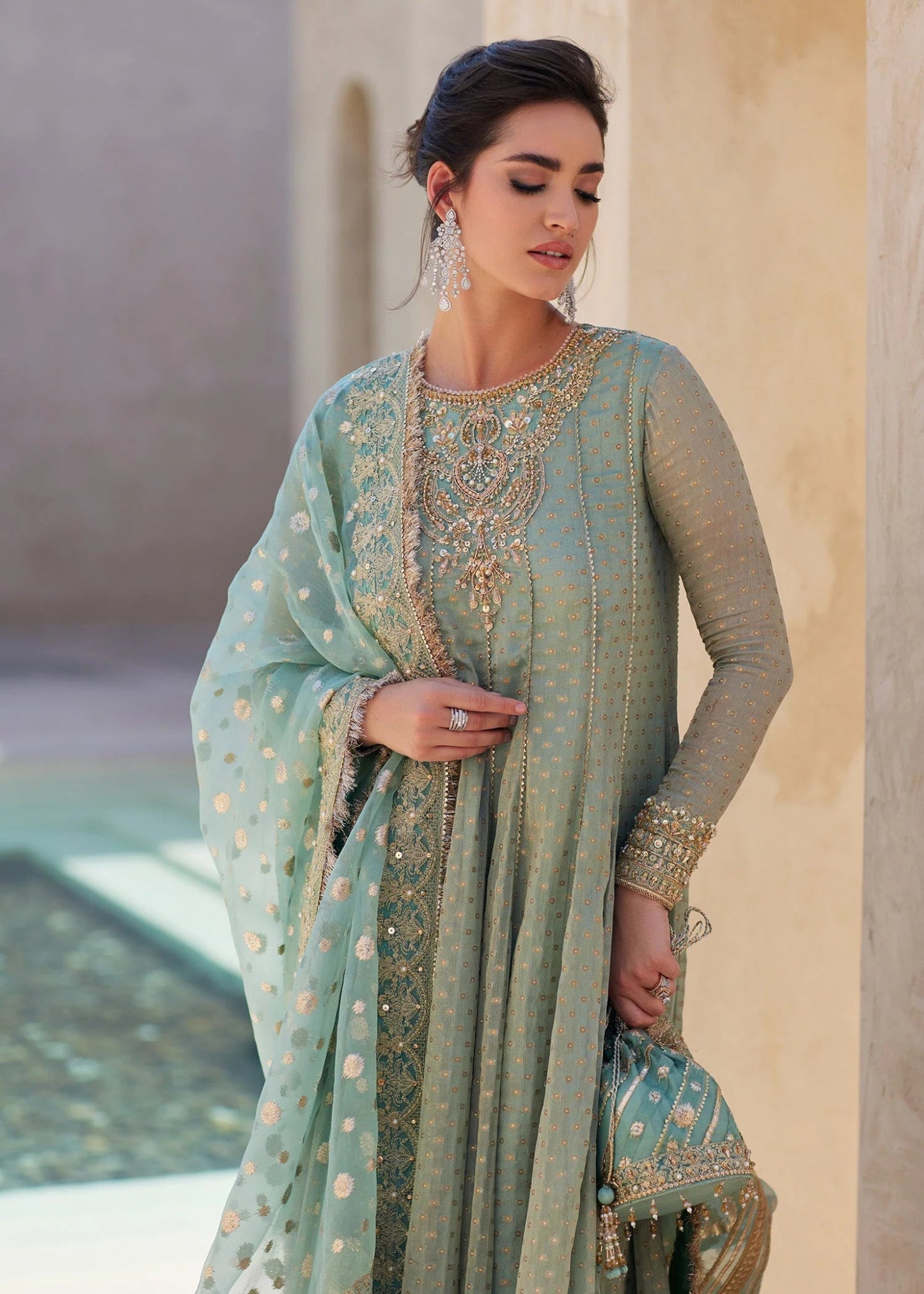 Model wearing Mist from Kanwal Malik's Laira '24 collection, a luxurious and elegant design. Pakistani clothes online in UK.