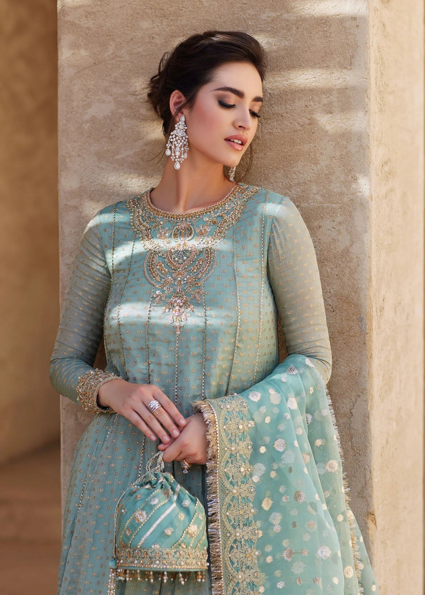 Model wearing Mist from Kanwal Malik's Laira '24 collection, a luxurious and elegant design. Pakistani clothes online in UK.