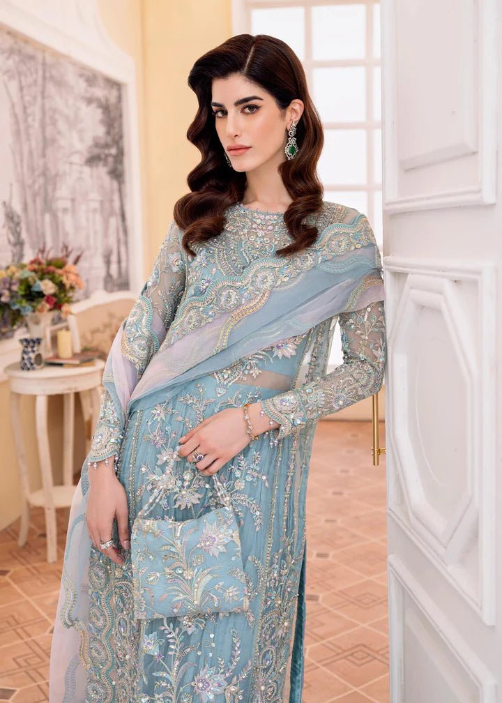 Model wearing Kanwal Malik MIRHA II '23 RIMEL dress, showcasing Pakistani wedding attire online in the UK.