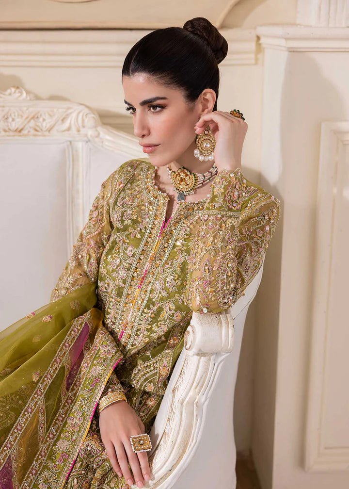 Model in Kanwal Malik MIRHA III Eid 24 Halena dress, enhancing Pakistani clothes online in the UK.