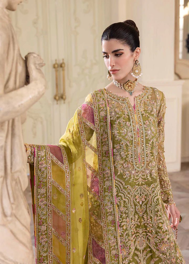 Model in Kanwal Malik MIRHA III Eid 24 Halena dress, enhancing Pakistani clothes online in the UK.