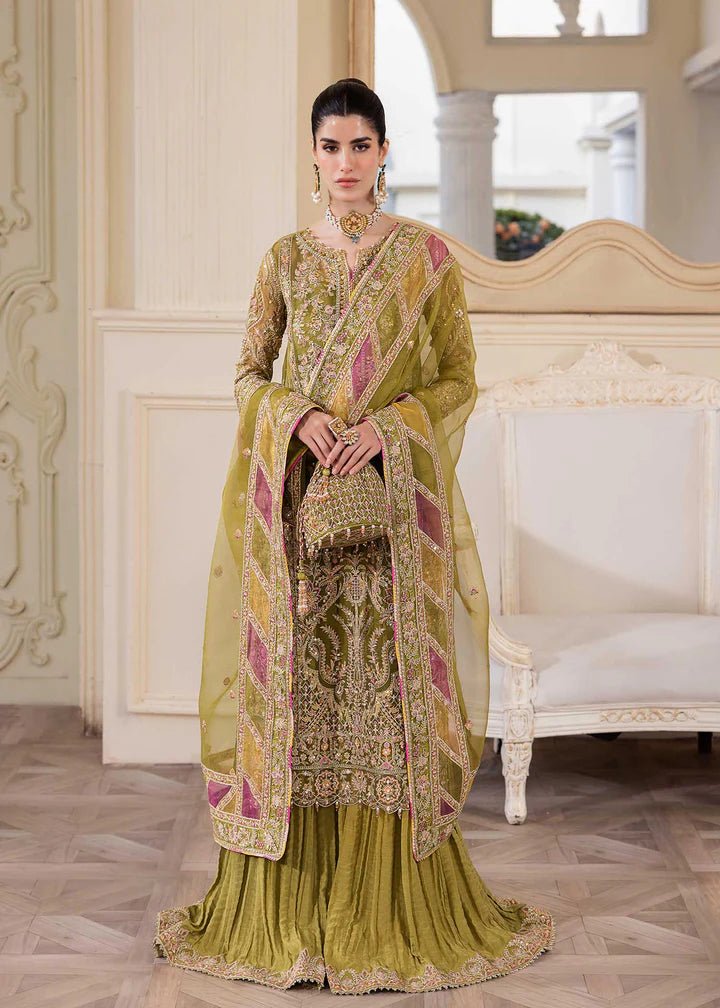 Model in Kanwal Malik MIRHA III Eid 24 Halena dress, enhancing Pakistani clothes online in the UK.