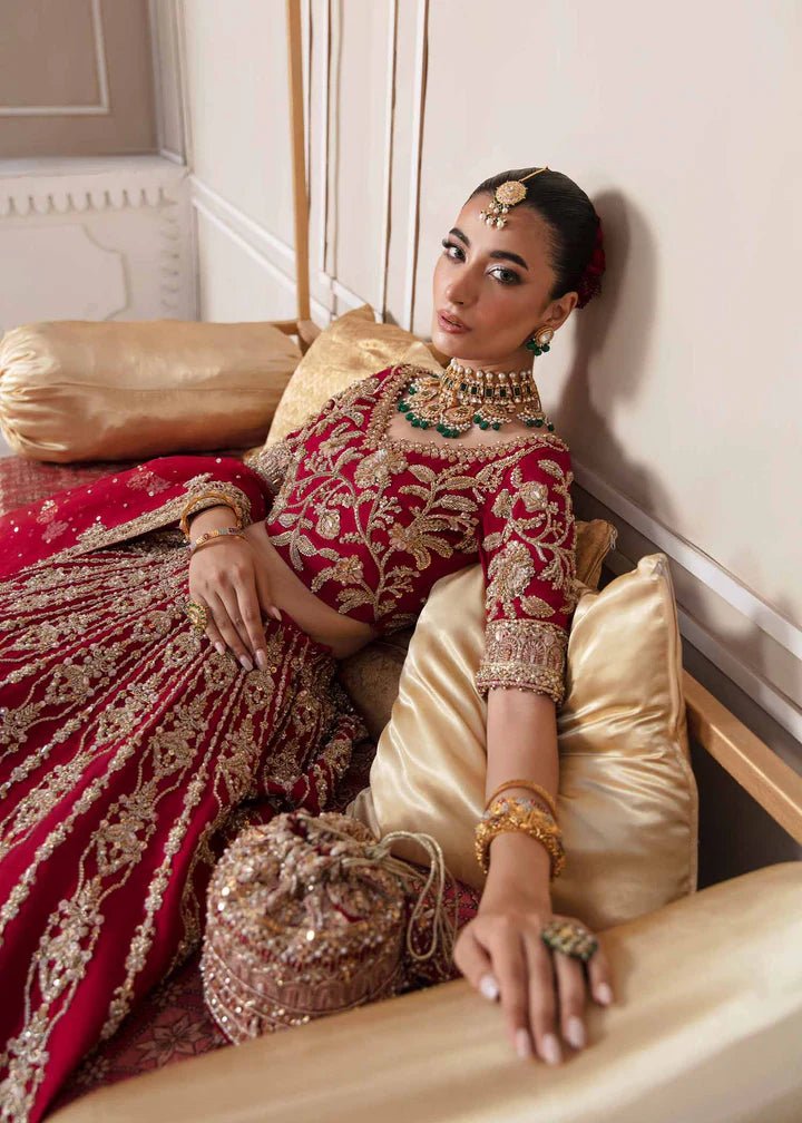 Model flaunting Kanwal Malik Vistas Of Jaipur '23 Madhari dress, elevating Pakistani wedding attire online in the UK.