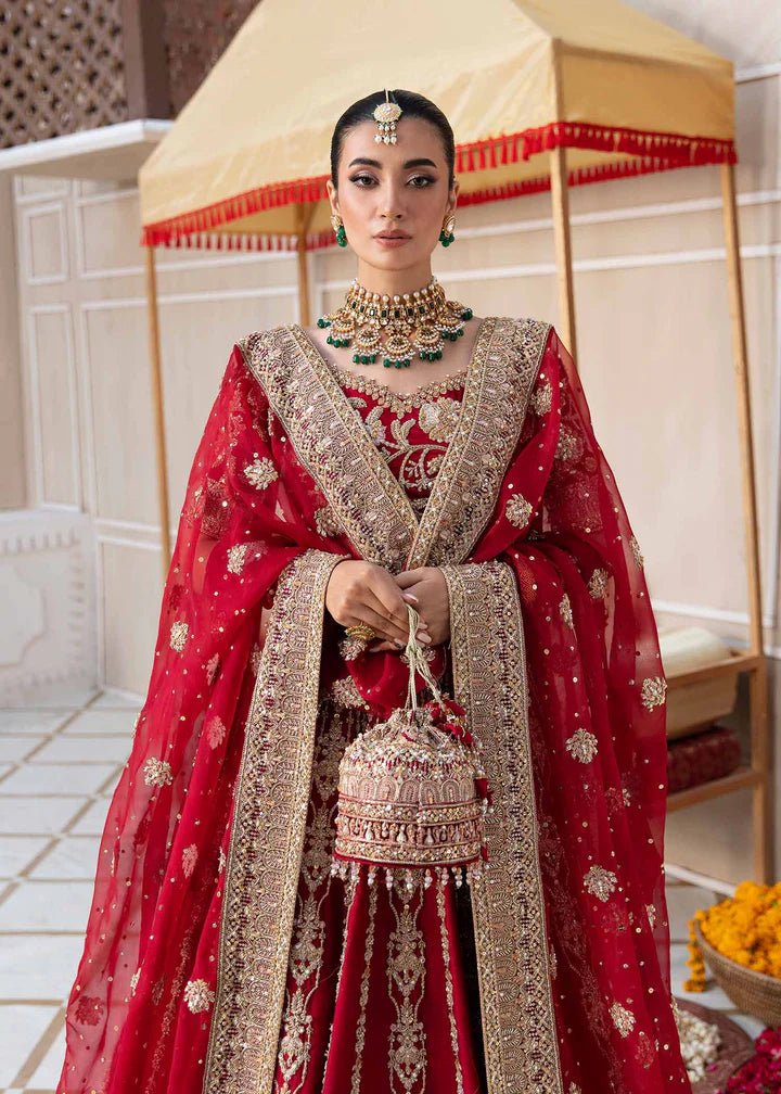 Model flaunting Kanwal Malik Vistas Of Jaipur '23 Madhari dress, elevating Pakistani wedding attire online in the UK.