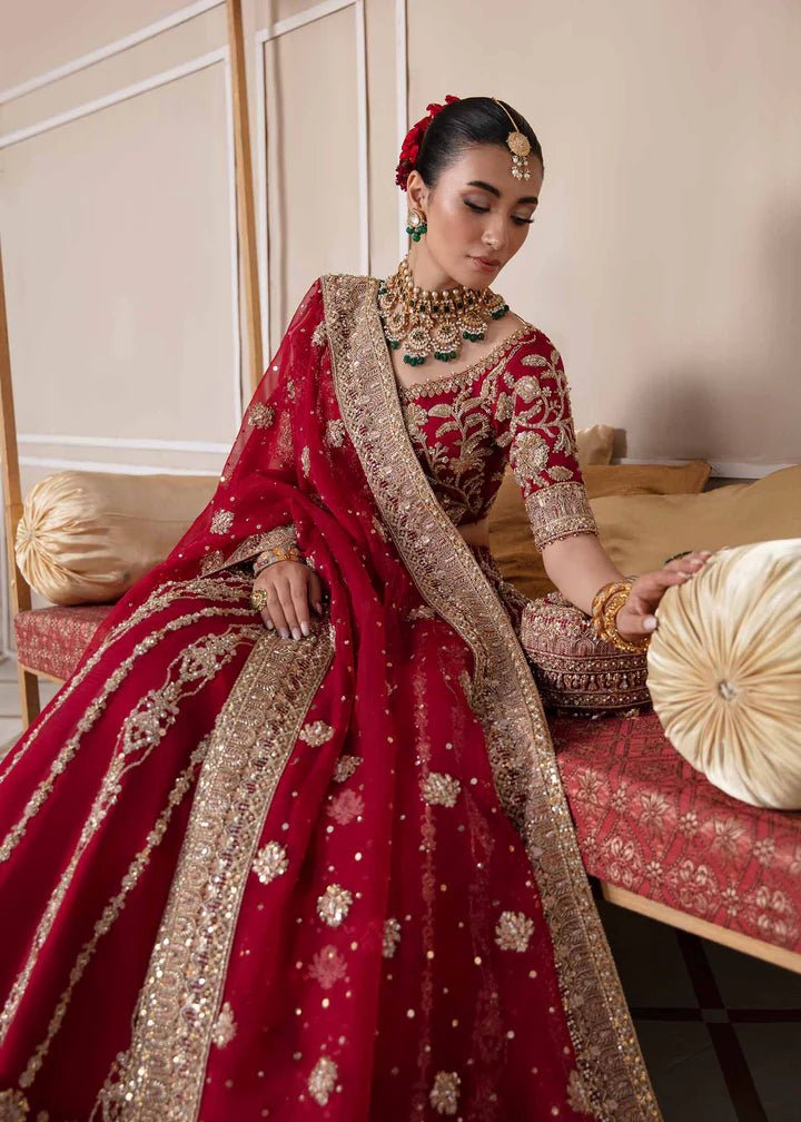Model flaunting Kanwal Malik Vistas Of Jaipur '23 Madhari dress, elevating Pakistani wedding attire online in the UK.