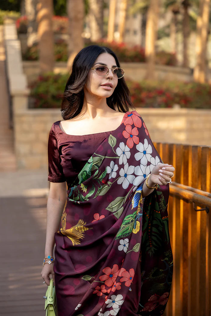 Model wearing maroon saree with multicolour floral print from Saira Rizwan, Pakistani Luxury pret, Pakistani clothes online in UK.