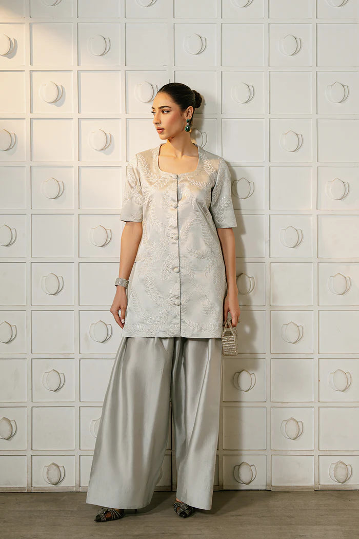 Model wearing silver LUMI-SREP1-05 from Saira Rizwan Rumi Eid Pret '25, ideal for Pakistani luxury pret and Pakistani clothes online in UK.