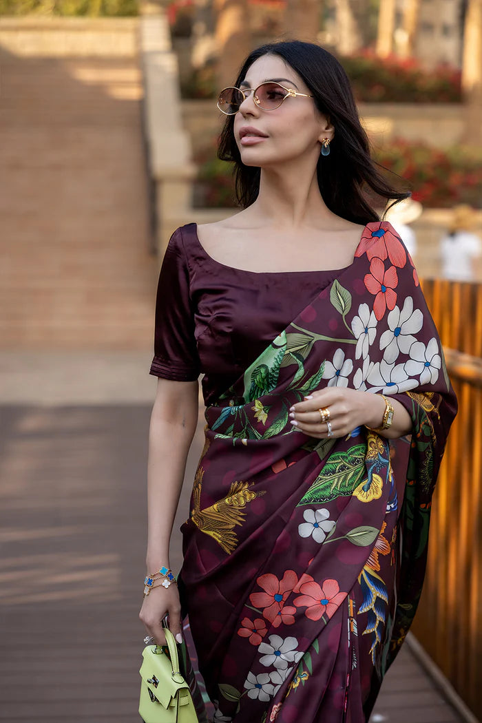 Model wearing maroon saree with multicolour floral print from Saira Rizwan, Pakistani Luxury pret, Pakistani clothes online in UK.