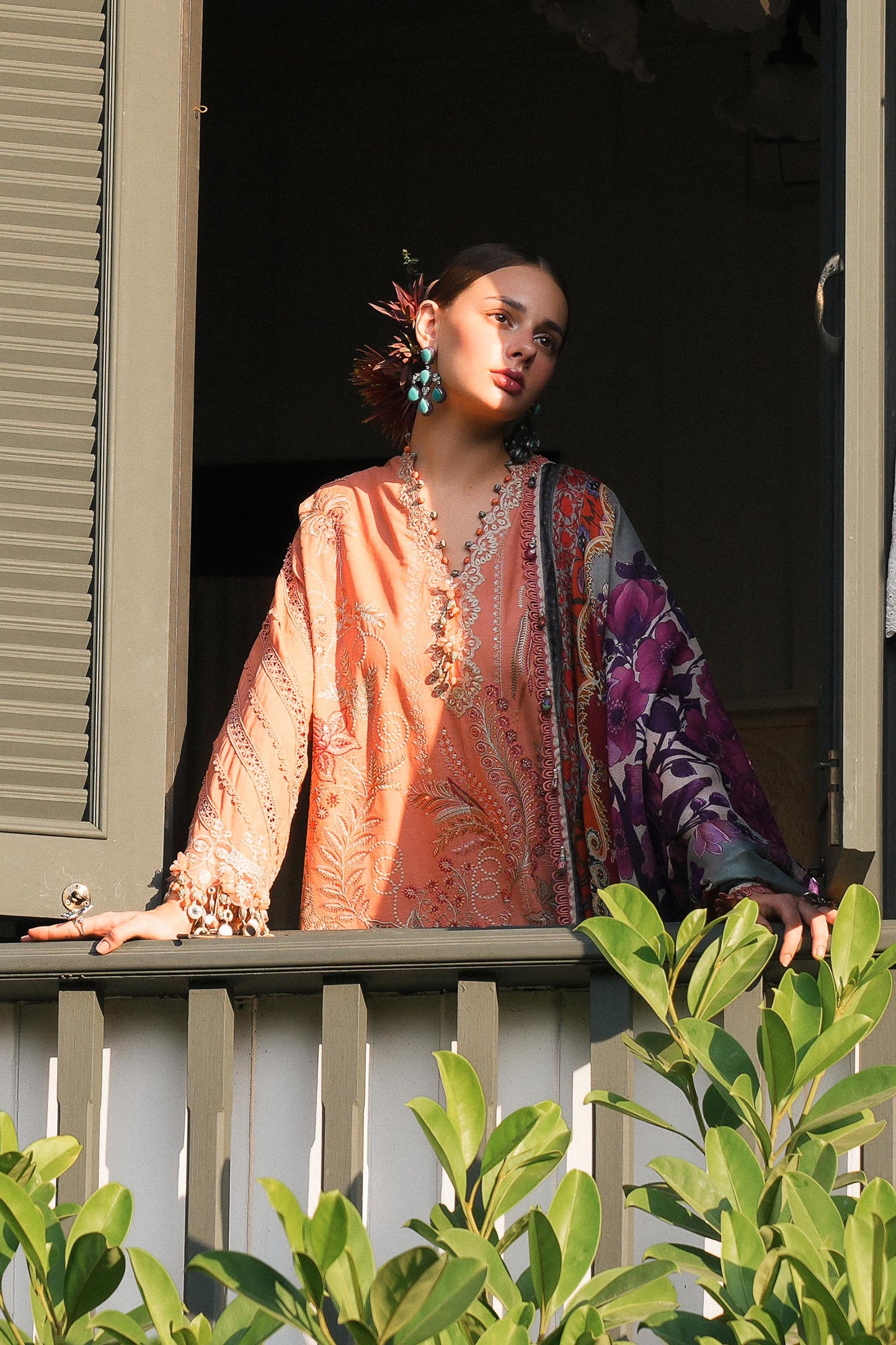 Model wearing peach embroidered dress with multicolour printed dupatta from Sana Safinaz Luxury Lawn '25, Pakistani clothes online in UK.