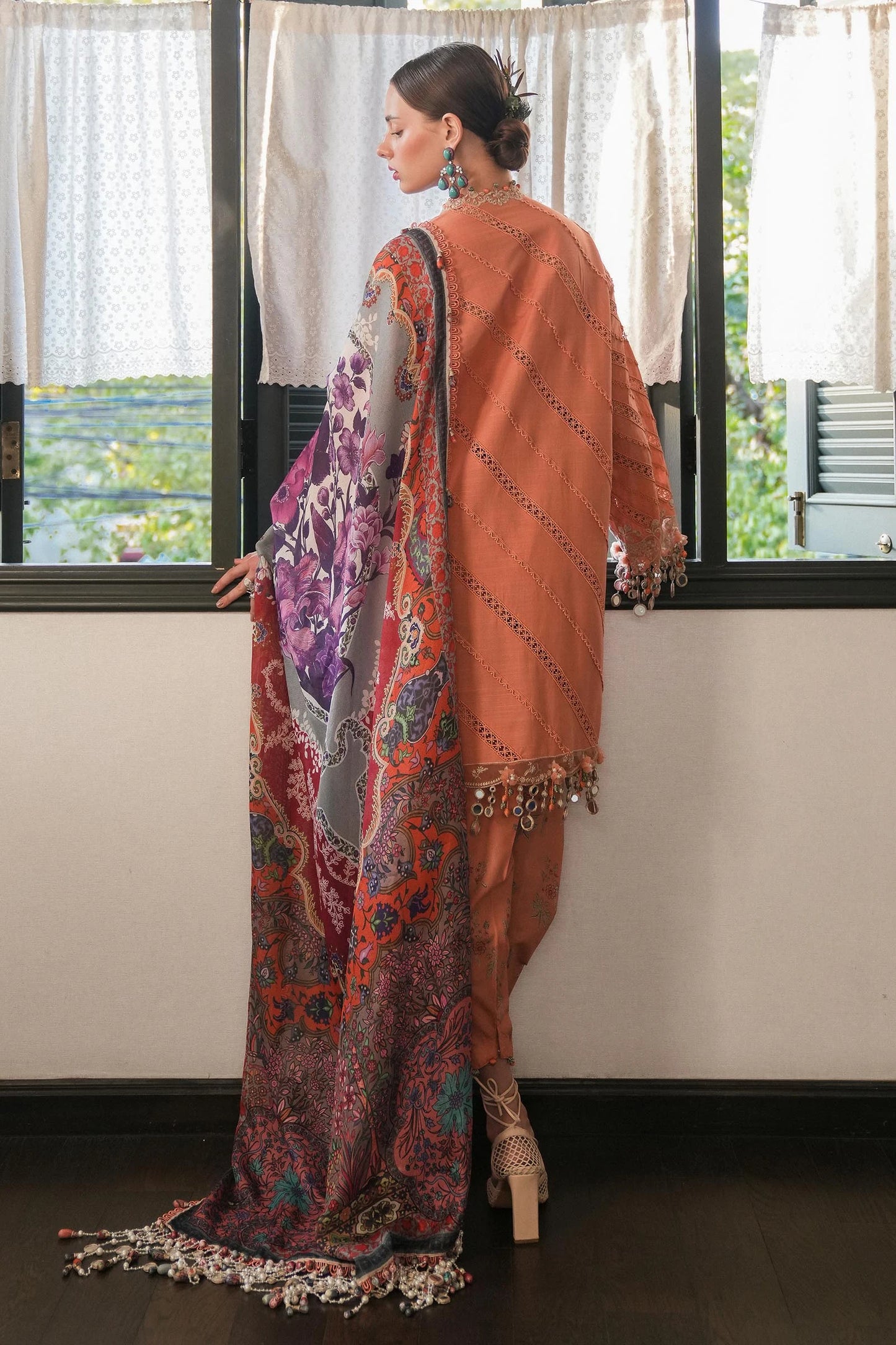 Model wearing peach embroidered dress with multicolour printed dupatta from Sana Safinaz Luxury Lawn '25, Pakistani clothes online in UK.