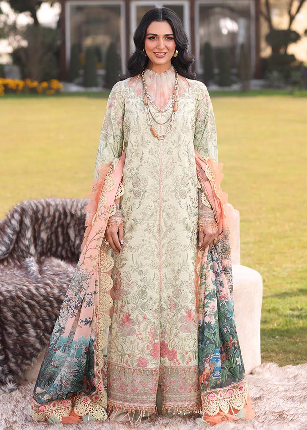 Model wearing light green and peach printed dress with floral dupatta from Musferah Saad Pretty Girls Luxury Lawn '25 Lilia, Pakistani clothes online in UK.