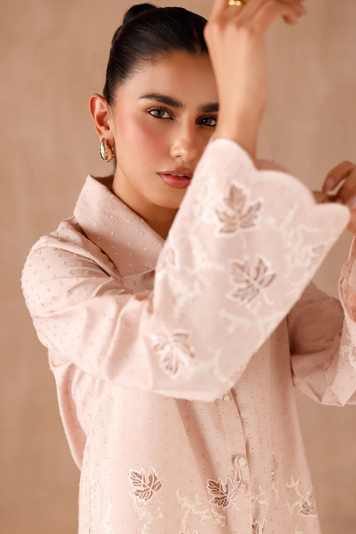 Model wearing beige embroidered coords EP-04 Lumi from Qalamkar, Pakistani luxury pret online in UK.