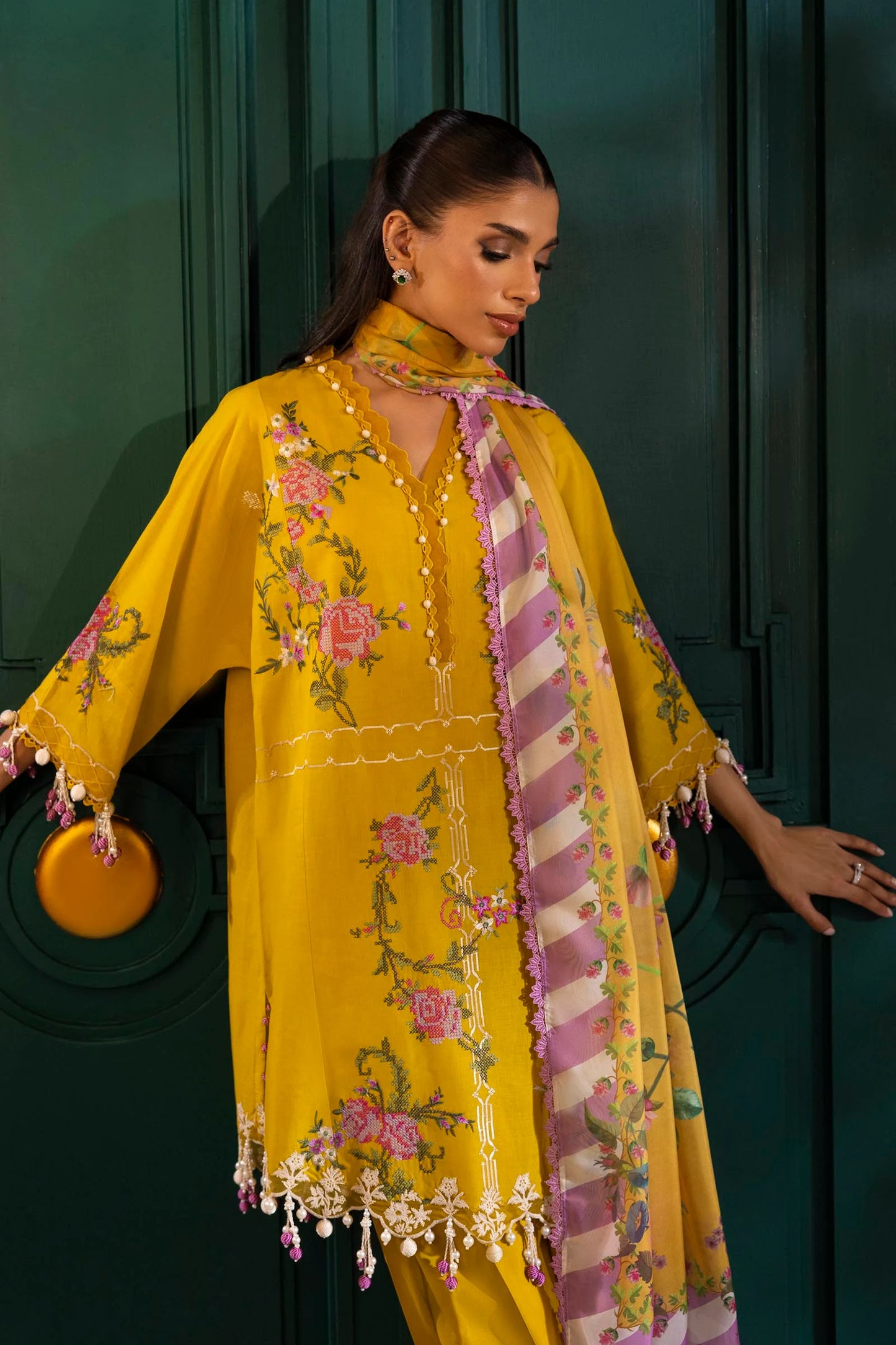 Model wearing mustard yellow Sana Safinaz M251-013B-3CL outfit with pink floral embroidery and printed dupatta, Pakistani Luxury pret UK.