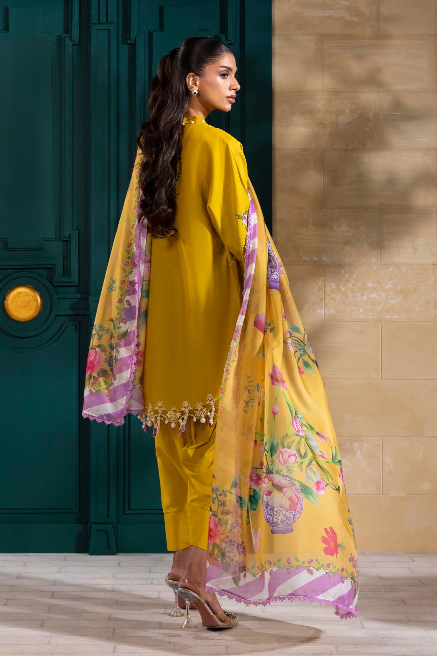 Model wearing mustard yellow Sana Safinaz M251-013B-3CL outfit with pink floral embroidery and printed dupatta, Pakistani Luxury pret UK.