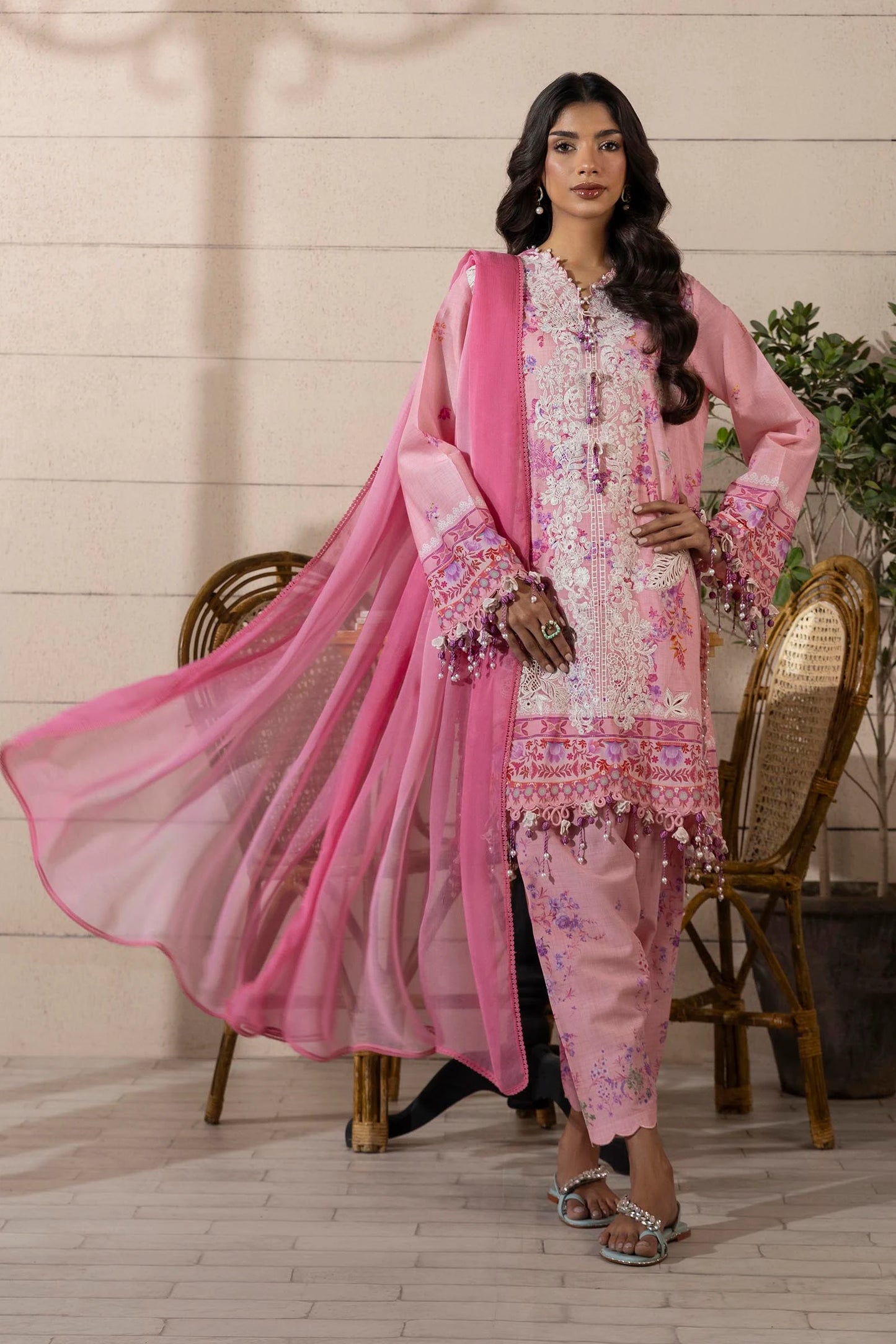 Model wearing pink Sana Safinaz M251-023A-3CI outfit with intricate white embroidery and flowing pink dupatta, Pakistani Luxury pret, Pakistani clothes online in UK.