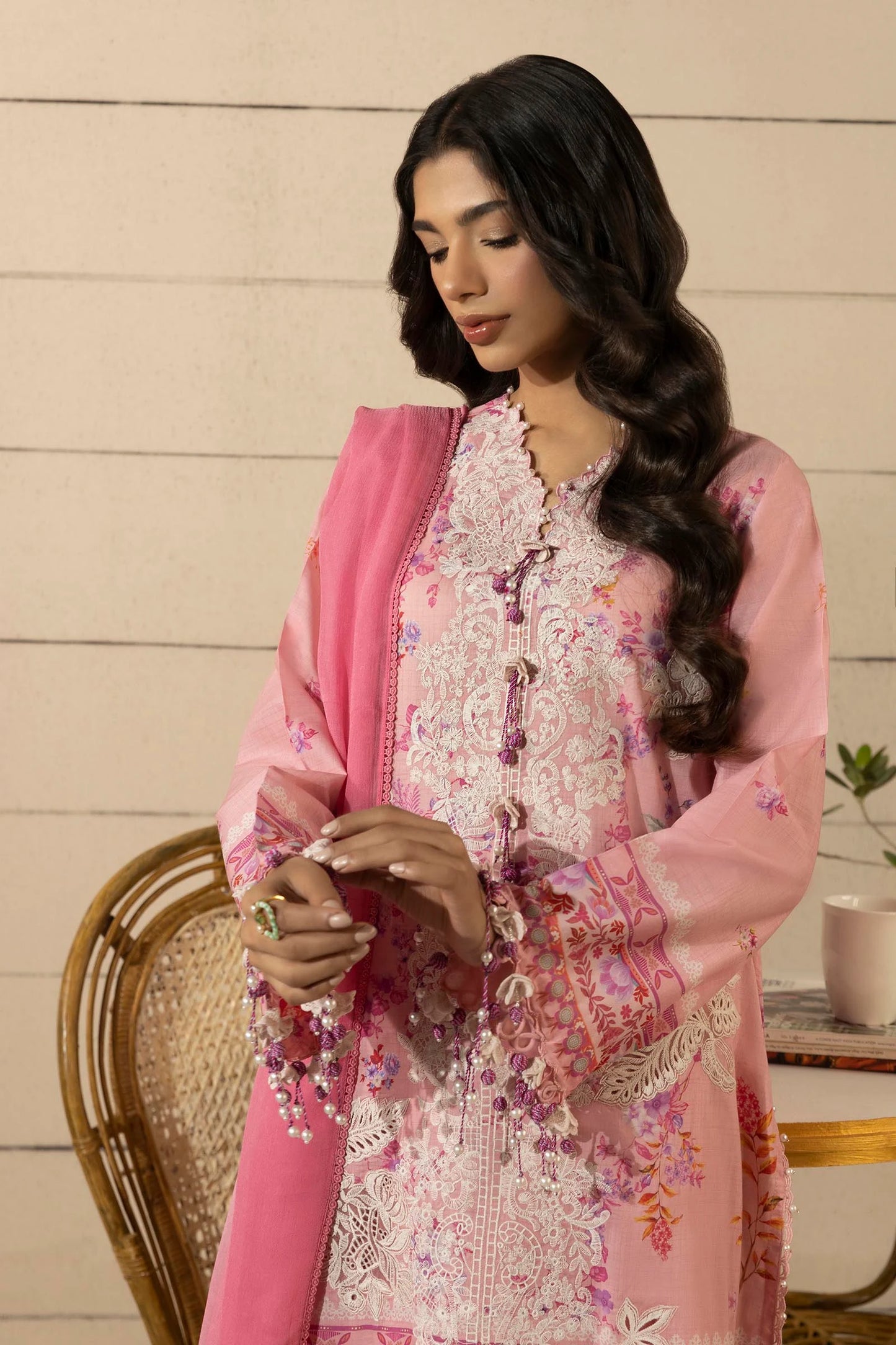 Model wearing pink Sana Safinaz M251-023A-3CI outfit with intricate white embroidery and flowing pink dupatta, Pakistani Luxury pret, Pakistani clothes online in UK.