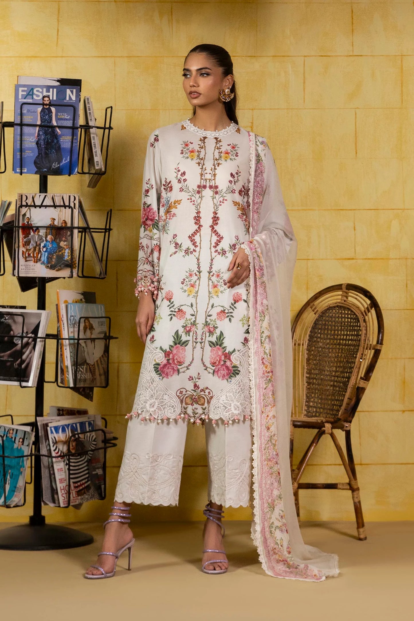 Model wearing ivory Sana Safinaz M251-026A-3CI outfit with multicolor floral embroidery and matching dupatta, Pakistani Luxury pret, Pakistani clothes online in UK.