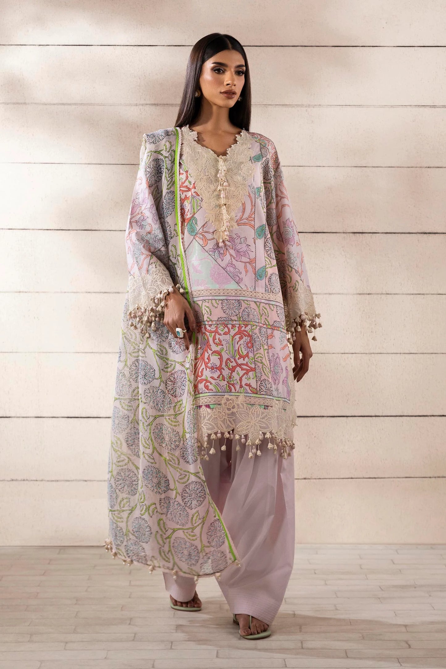Model wearing pastel multicolor Sana Safinaz M251-027A-3CI outfit with intricate embroidery and printed dupatta, Pakistani Luxury pret, Pakistani clothes online in UK.
