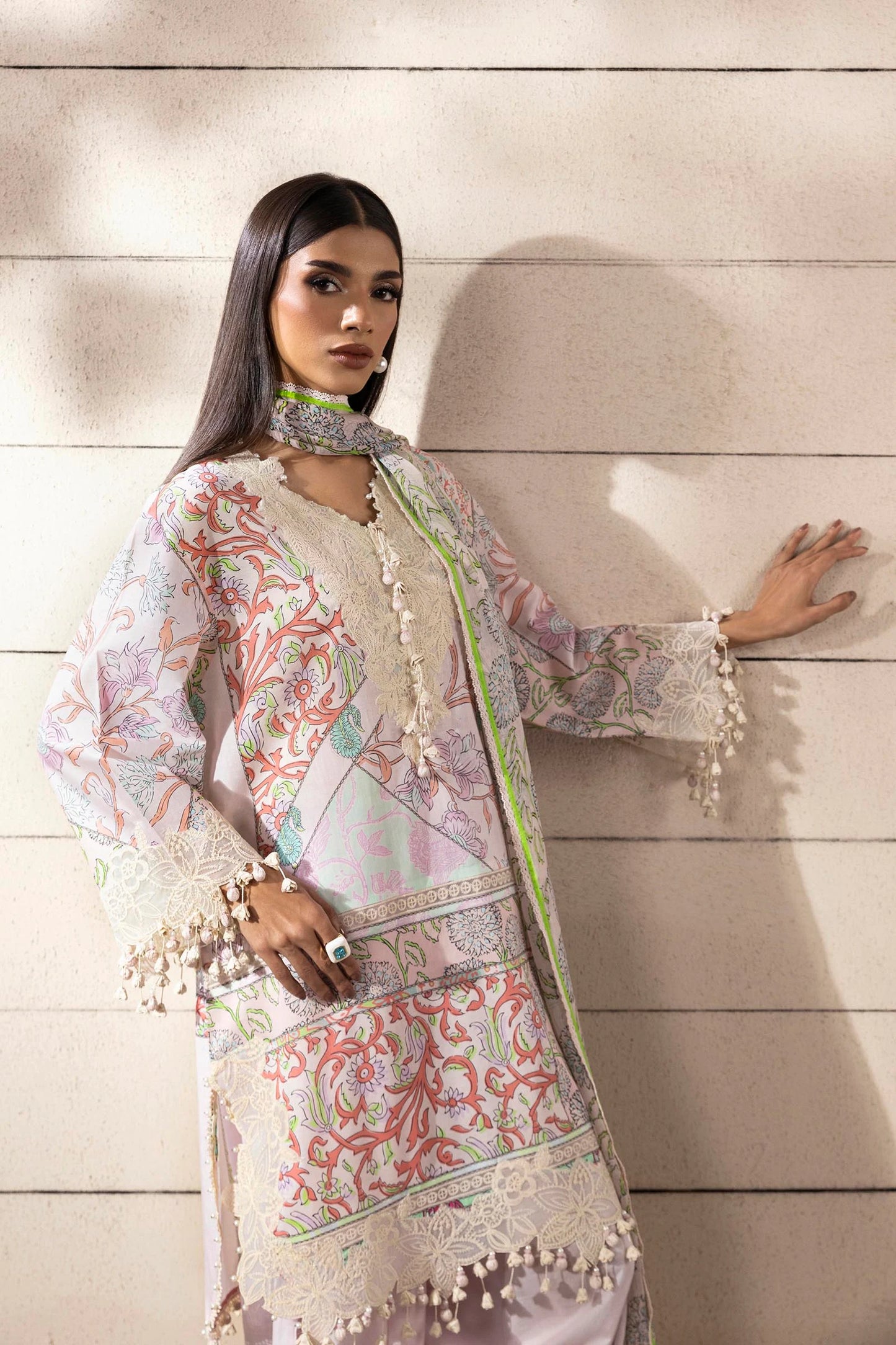 Model wearing pastel multicolor Sana Safinaz M251-027A-3CI outfit with intricate embroidery and printed dupatta, Pakistani Luxury pret, Pakistani clothes online in UK.