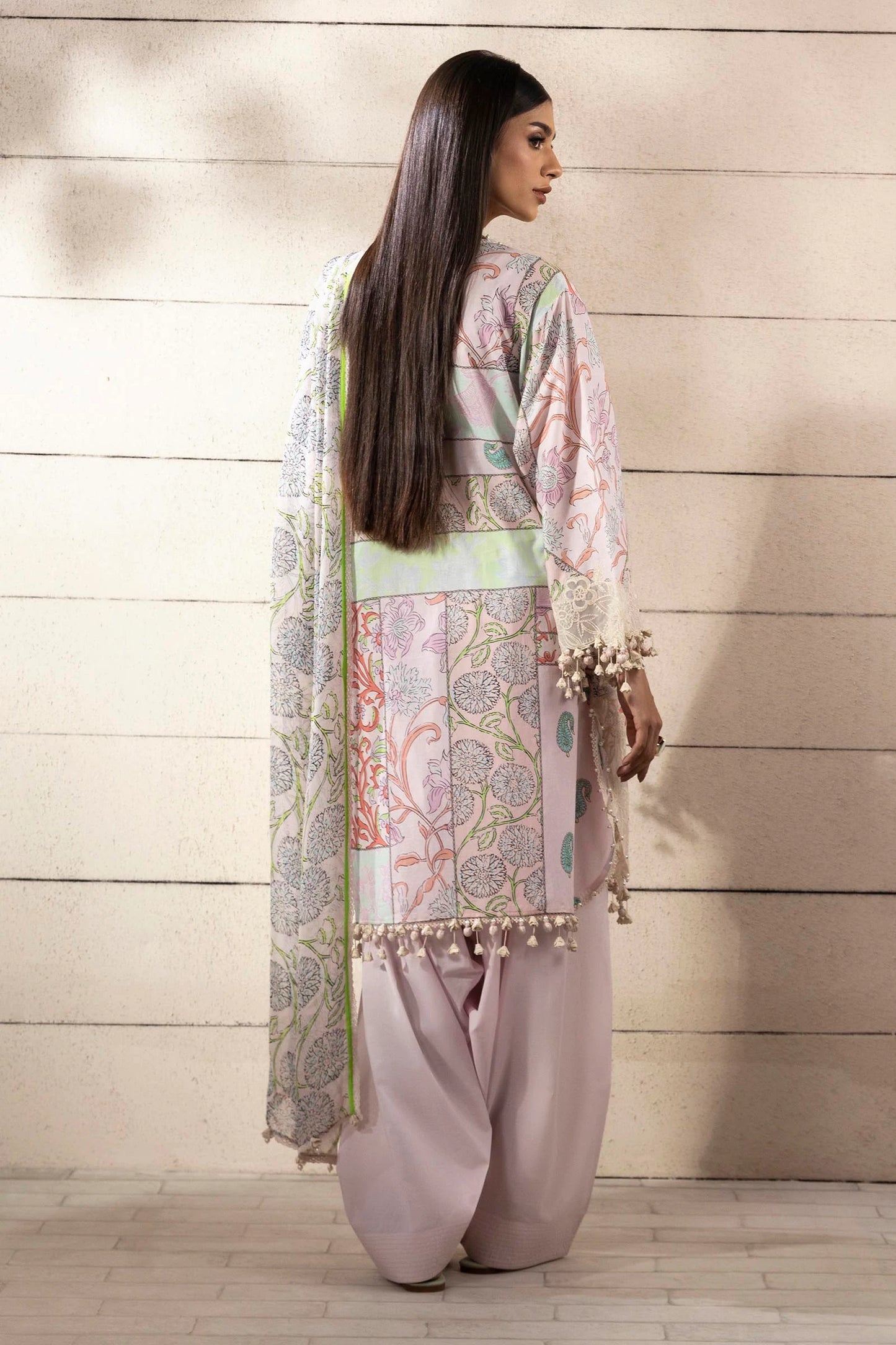 Model wearing pastel multicolor Sana Safinaz M251-027A-3CI outfit with intricate embroidery and printed dupatta, Pakistani Luxury pret, Pakistani clothes online in UK.