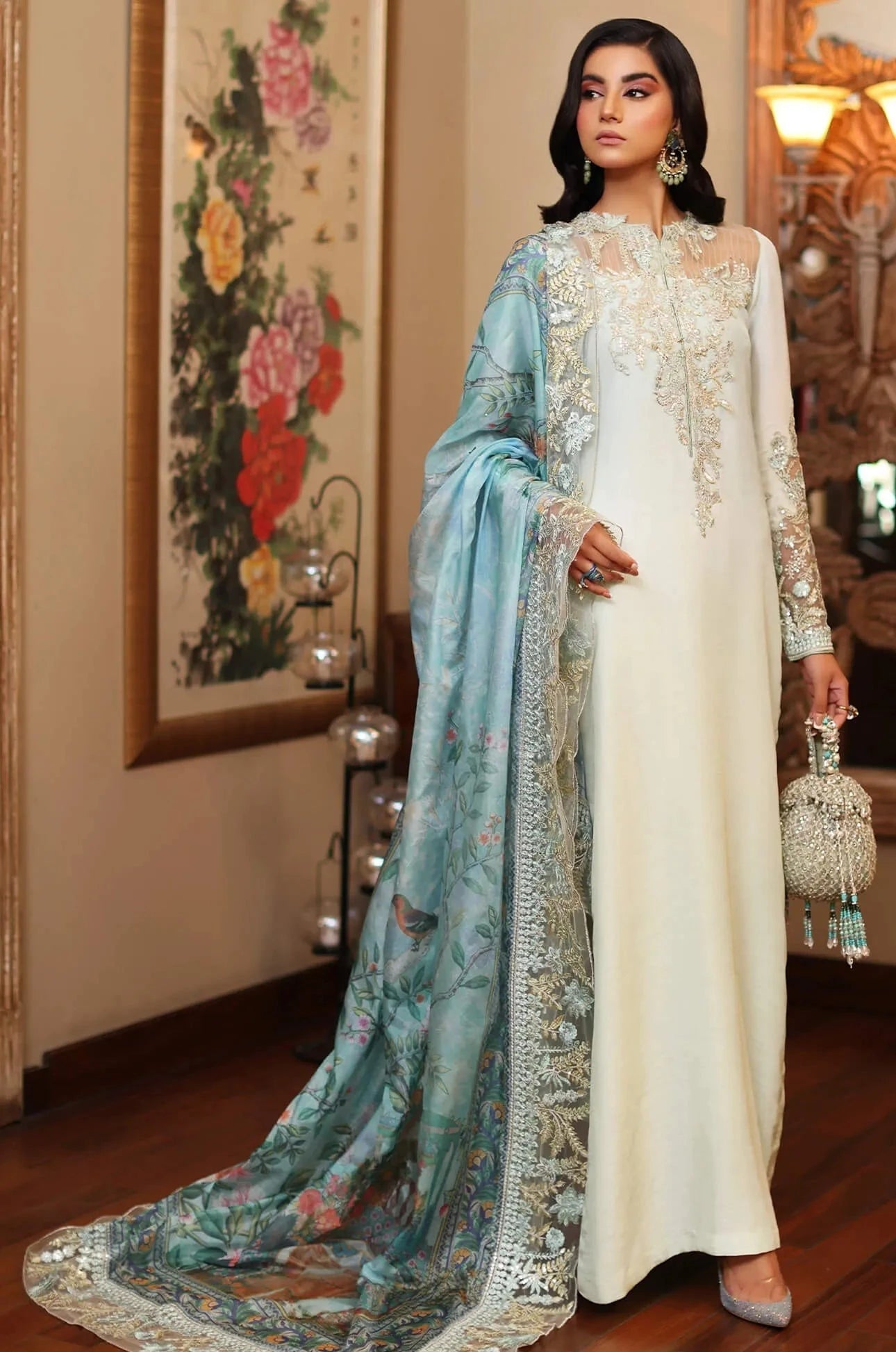 Elegant model in Musferah Saad's AZURE dress from the Eid '24 collection, classic Pakistani fashion UK.