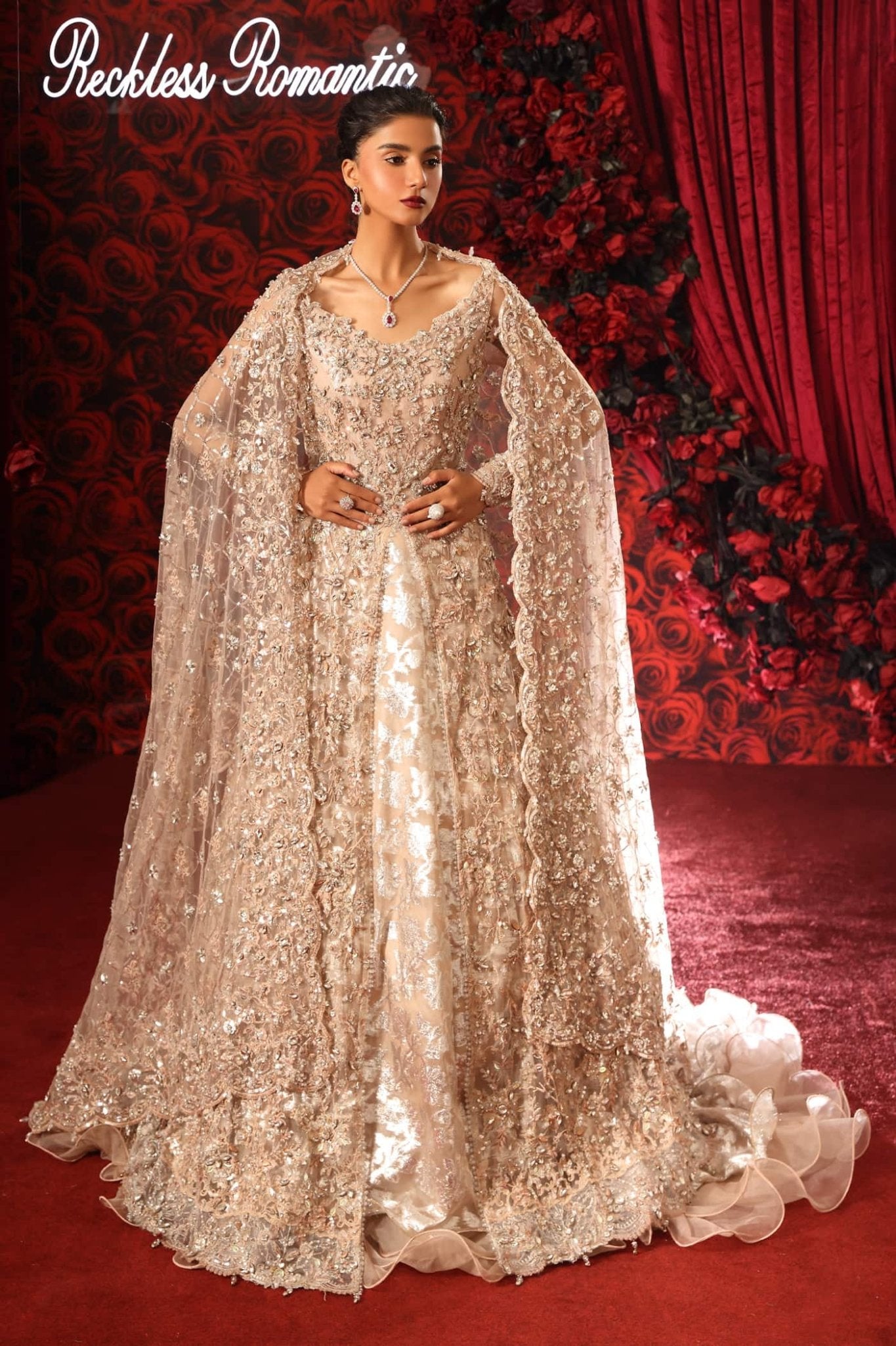 Model wearing Moonlit Romance from Musferah Saad's Reckless Romantic in soft blue hues. Pakistani clothes online in UK at Signature Labels.