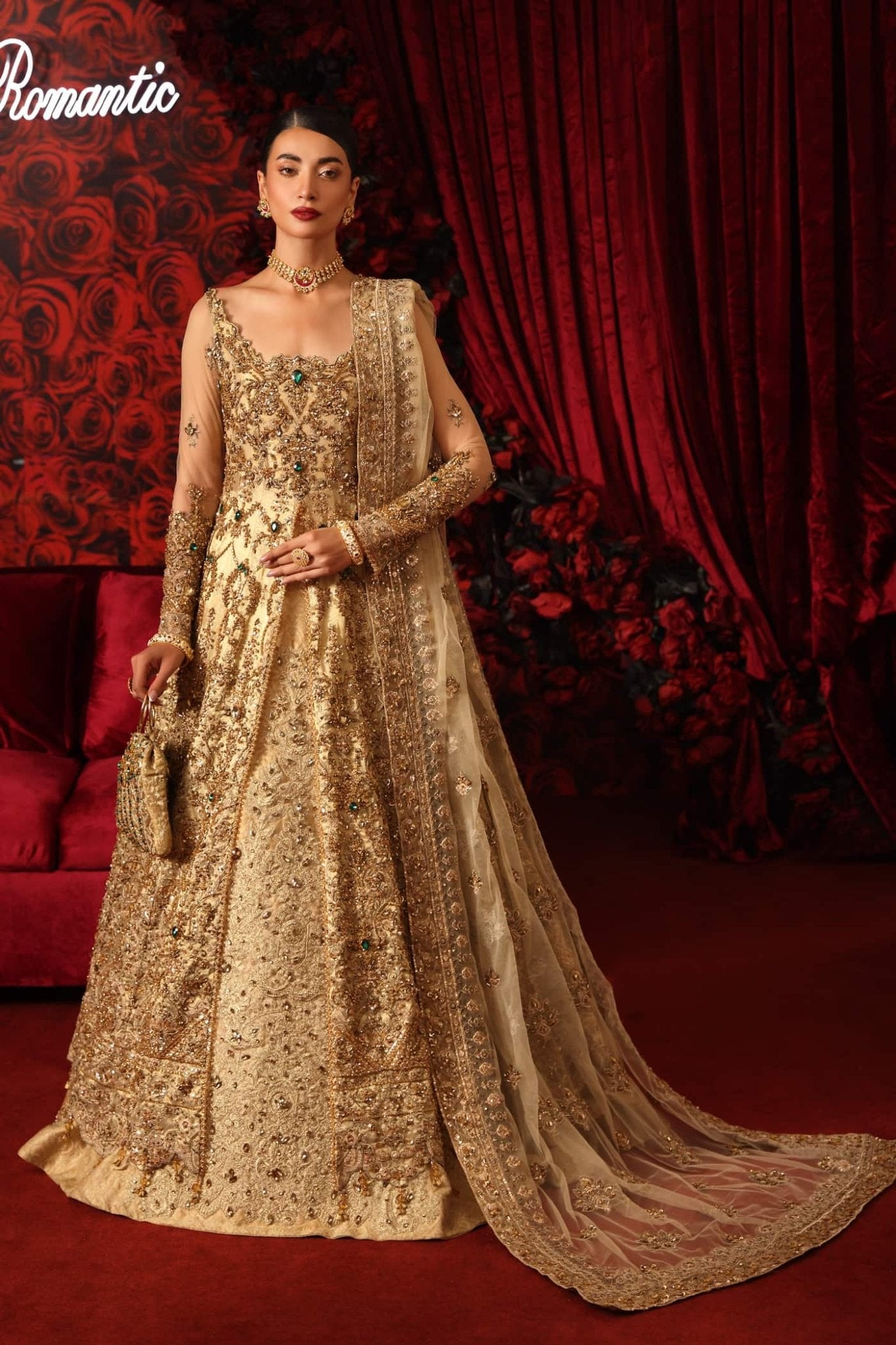 Model wearing Radiant Romance from Musferah Saad's Reckless Romantic collection in a stunning red hue. Pakistani clothes online in UK at Signature Labels.