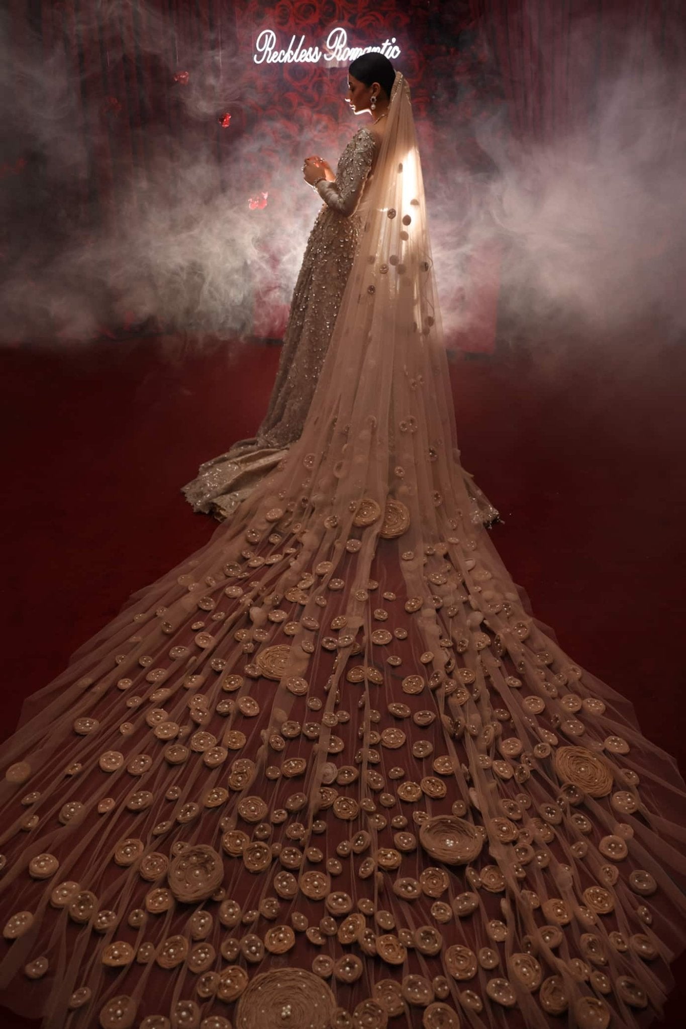 Model wearing Royal Duchess from Musferah Saad's Reckless Romantic collection in an elegant royal blue. Pakistani clothes online in UK at Signature Labels.