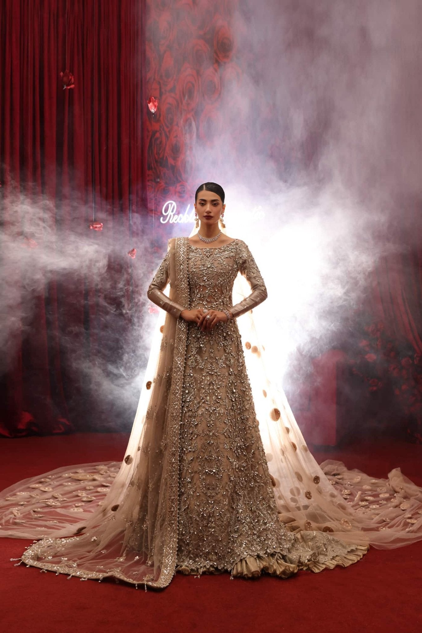 Model wearing Royal Duchess from Musferah Saad's Reckless Romantic collection in an elegant royal blue. Pakistani clothes online in UK at Signature Labels.