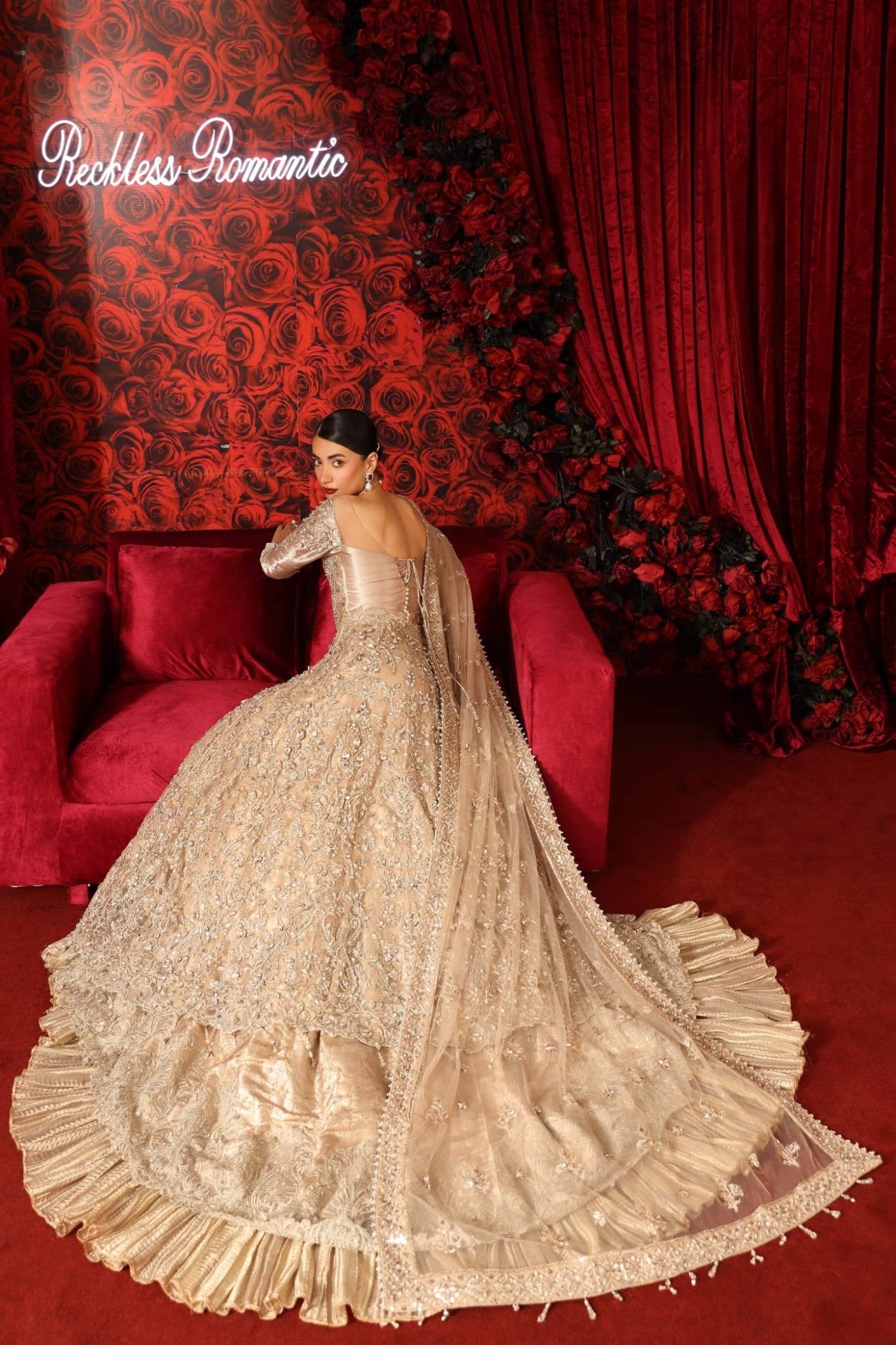 Model wearing Royal Duchess from Musferah Saad's Reckless Romantic collection in an elegant royal blue. Pakistani clothes online in UK at Signature Labels.