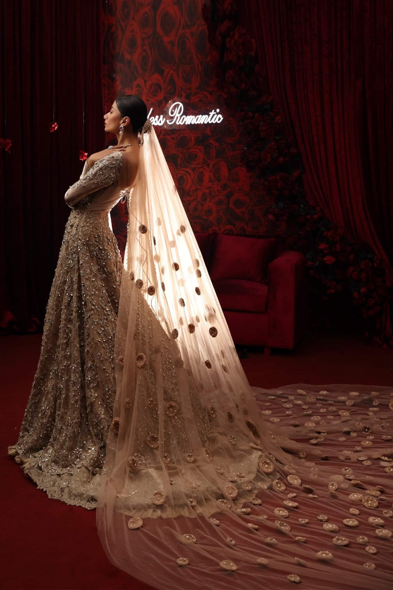 Model wearing Royal Duchess from Musferah Saad's Reckless Romantic collection in an elegant royal blue. Pakistani clothes online in UK at Signature Labels.