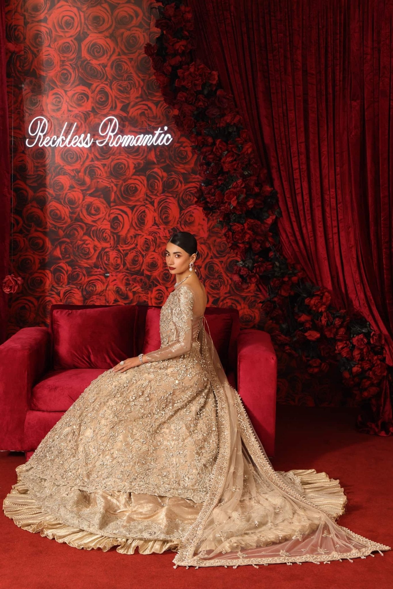 Model wearing Royal Duchess from Musferah Saad's Reckless Romantic collection in an elegant royal blue. Pakistani clothes online in UK at Signature Labels.