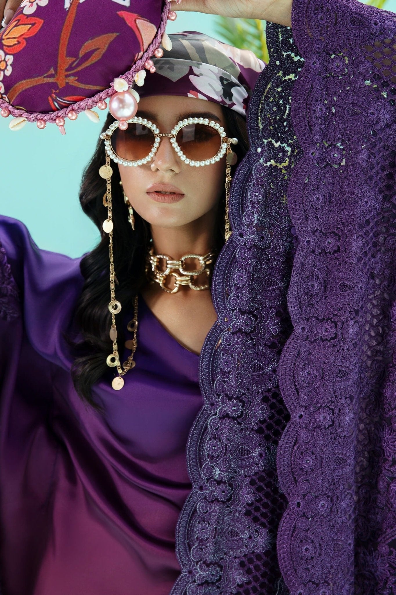 Model wearing purple and rust OMBRE ELEGANCE dress from Musferah Saad's Resort collection '24, showcasing Pakistani clothes online in the UK.